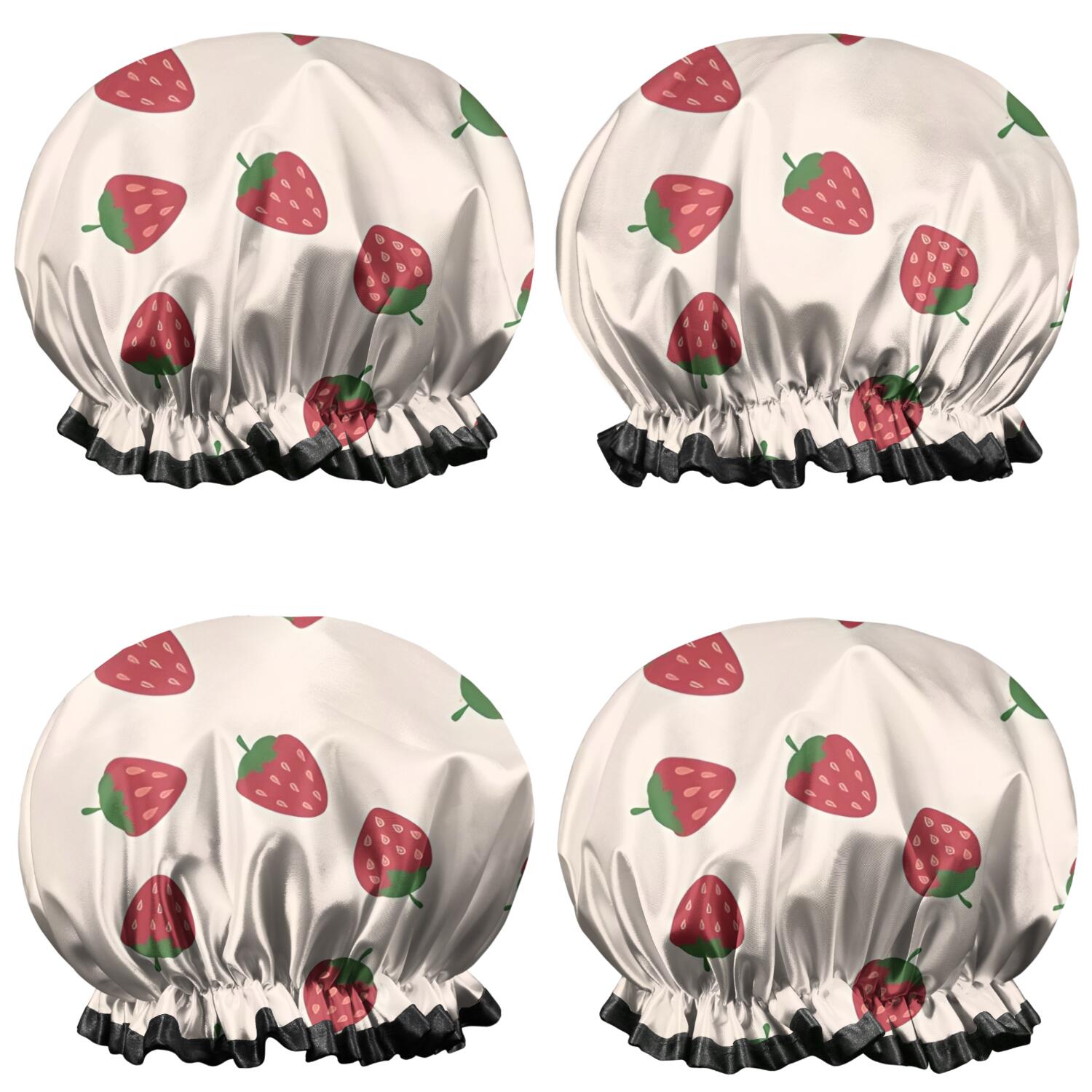 Shower Caps,Red Strawberry Plants Fruit Light Pink Pattern Waterproof Shower Cap for Women 4 Pieces,Double Reusable Hair Cover for Shower PEVA Elastic Stretch Hem