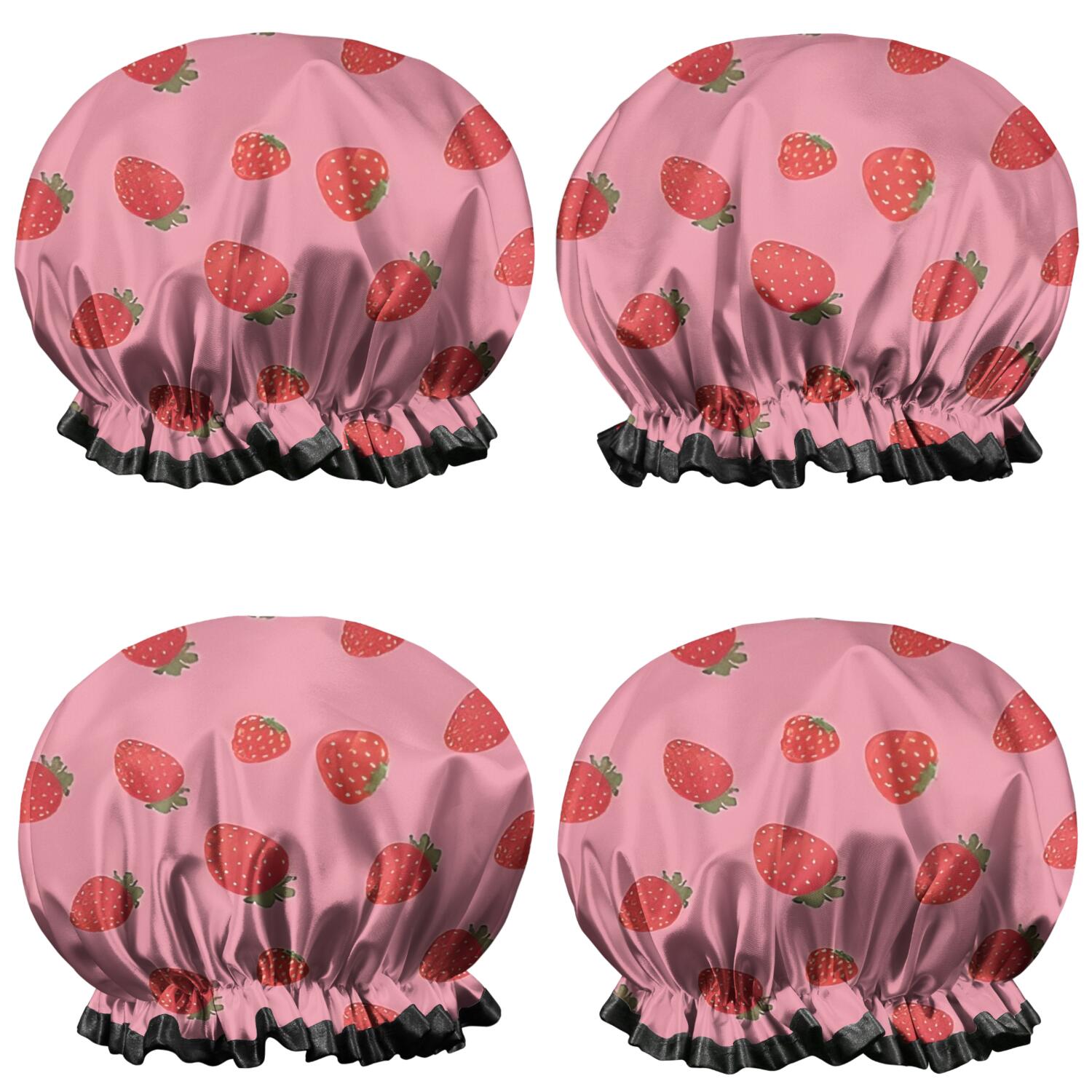 Shower Caps,Red Strawberry Plants Fruit Pink Pattern Waterproof Shower Cap for Women 4 Pieces,Double Reusable Hair Cover for Shower PEVA Elastic Stretch Hem