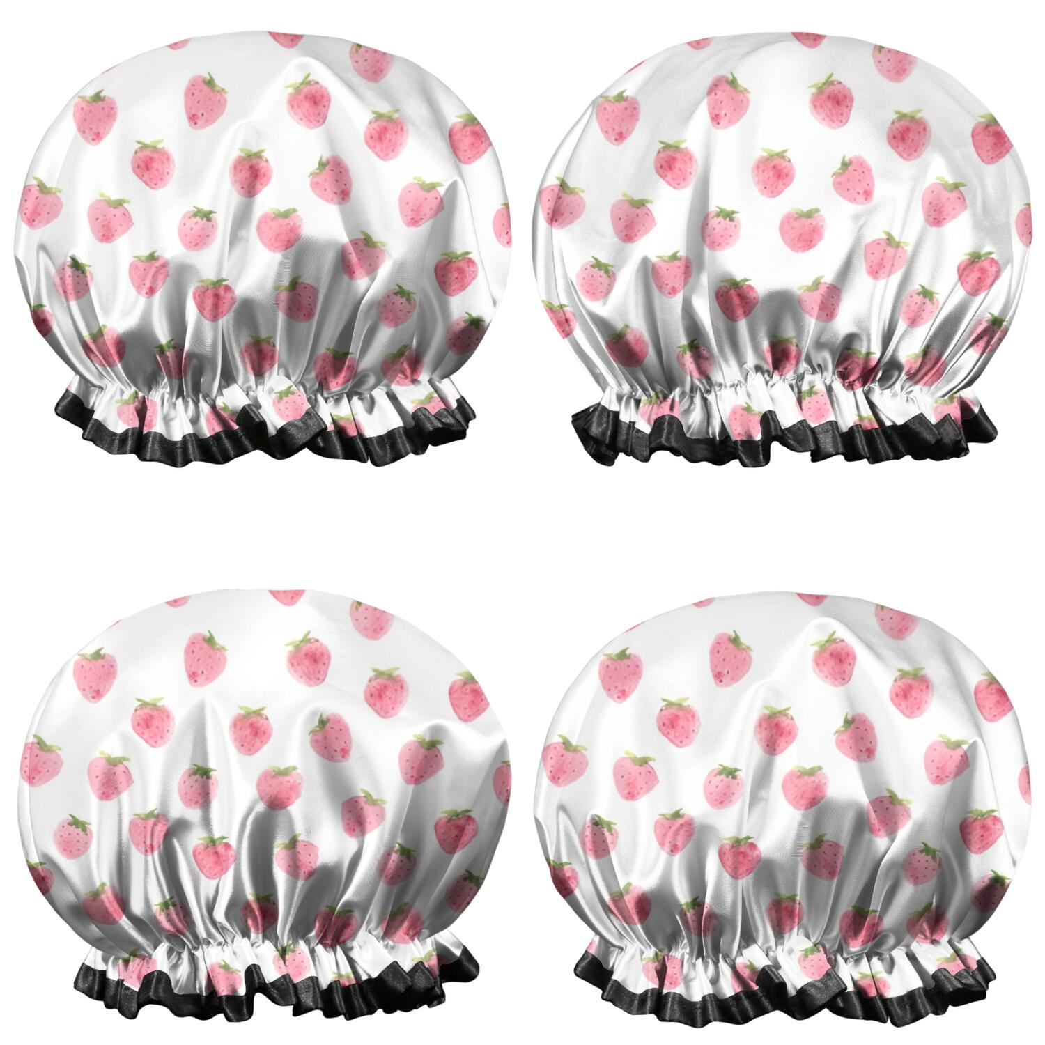 Shower Caps,Red Strawberry Plants Fruit Pink Pattern Waterproof Shower Cap for Women 4 Pieces,Double Reusable Hair Cover for Shower PEVA Elastic Stretch Hem