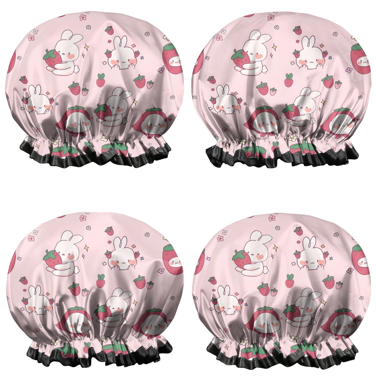 Shower Caps,Red Strawberry Plants Fruit Rabbit Pink Pattern Waterproof Shower Cap for Women 4 Pieces,Double Reusable Hair Cover for Shower PEVA Elastic Stretch Hem