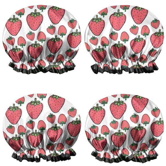 Shower Caps,Red Strawberry Plants Fruit White Pattern Waterproof Shower Cap for Women 4 Pieces,Double Reusable Hair Cover for Shower PEVA Elastic Stretch Hem