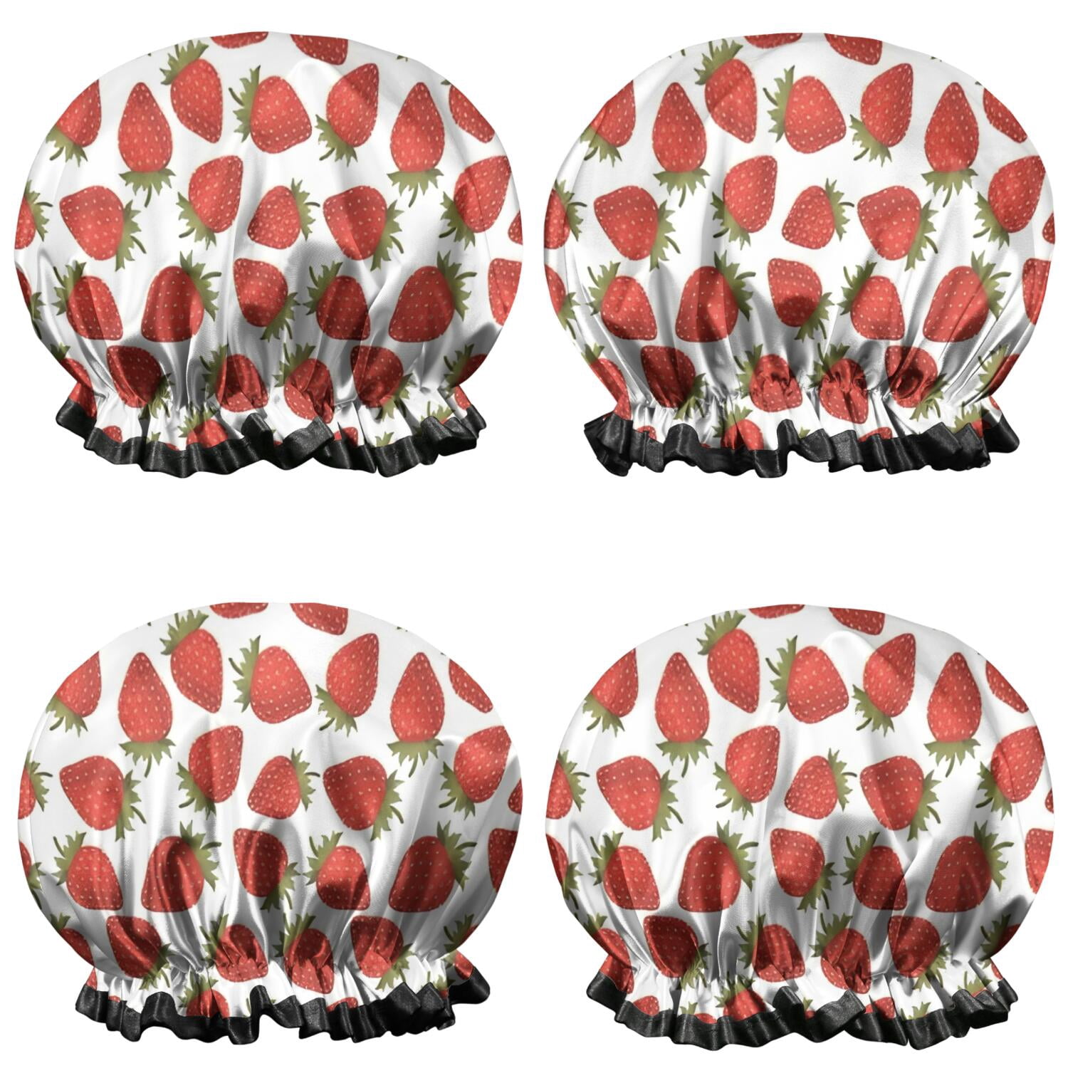 Shower Caps,Red Strawberry Plants Fruit White Pattern Waterproof Shower Cap for Women 4 Pieces,Double Reusable Hair Cover for Shower PEVA Elastic Stretch Hem
