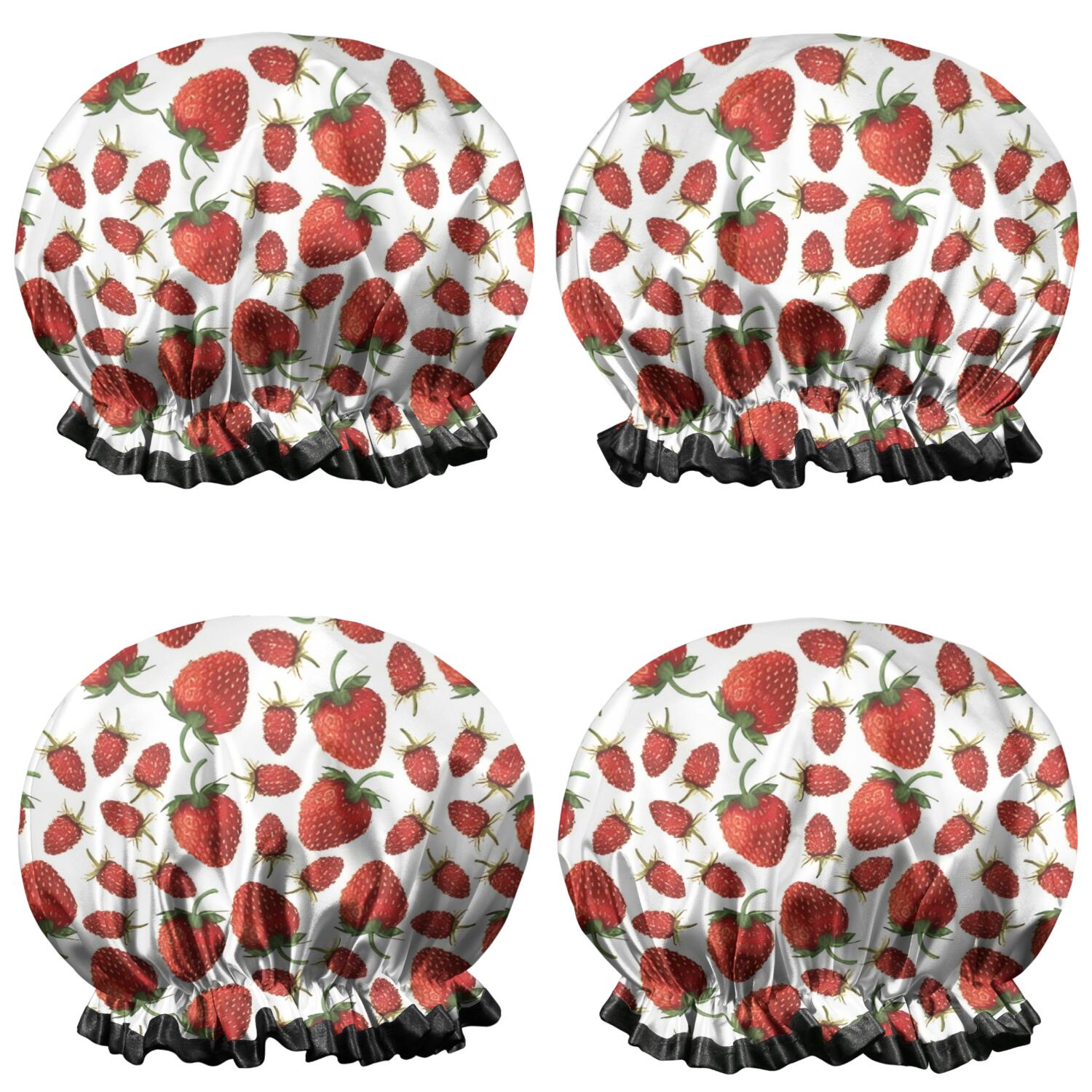 Shower Caps,Red Strawberry Plants Fruit White Pattern Waterproof Shower Cap for Women 4 Pieces,Double Reusable Hair Cover for Shower PEVA Elastic Stretch Hem