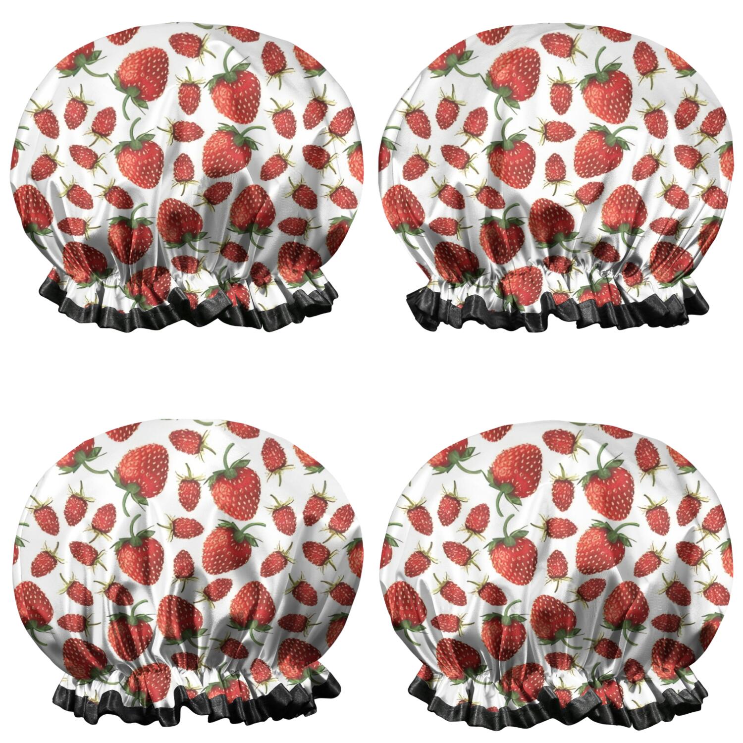 Shower Caps,Red Strawberry Plants Fruit White Pattern Waterproof Shower Cap for Women 4 Pieces,Double Reusable Hair Cover for Shower PEVA Elastic Stretch Hem