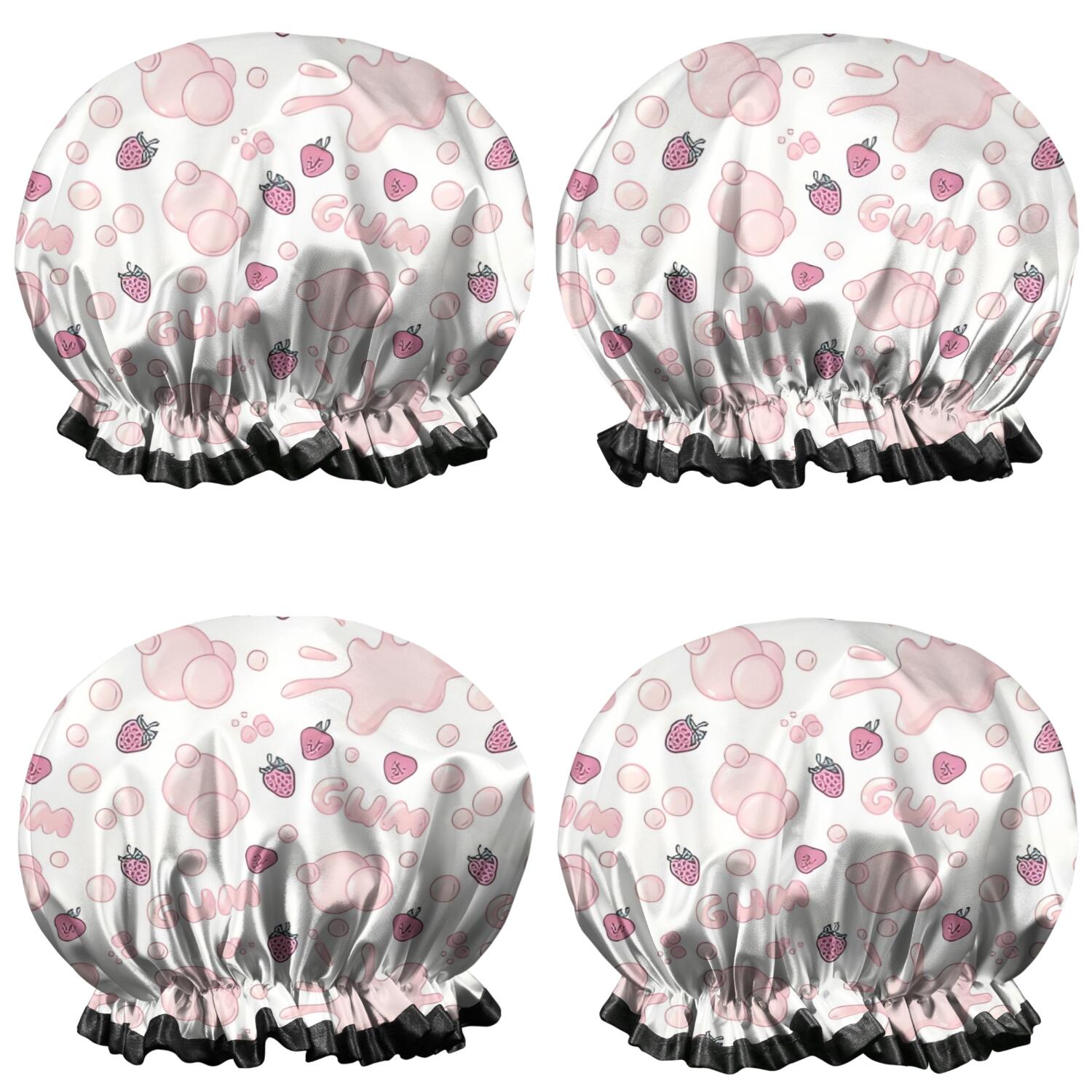 Shower Caps,Red Strawberry Plants Gum White Pattern Waterproof Shower Cap for Women 4 Pieces,Double Reusable Hair Cover for Shower PEVA Elastic Stretch Hem