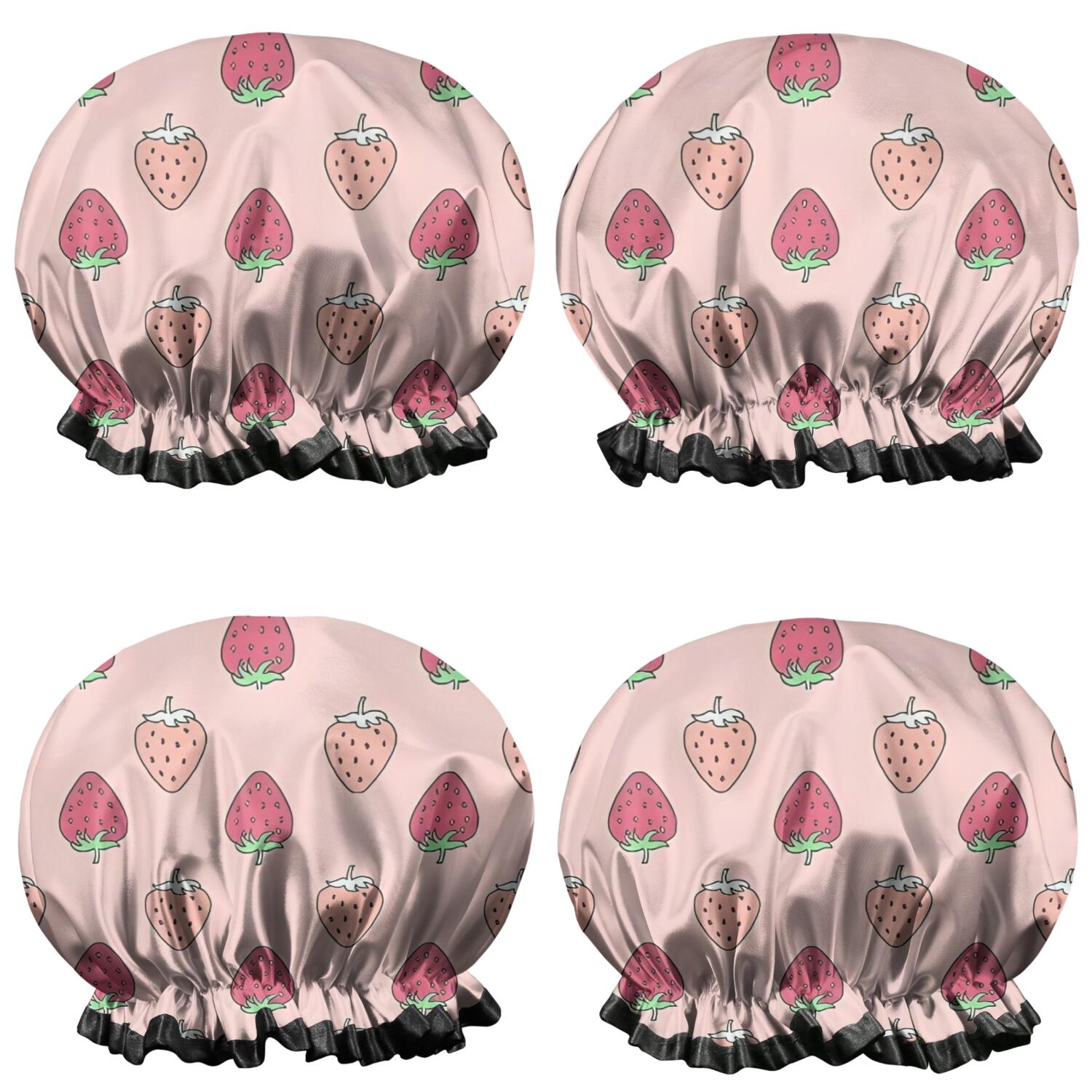 Shower Caps,Red Strawberry Plants Pink Pattern Waterproof Shower Cap for Women 4 Pieces,Double Reusable Hair Cover for Shower PEVA Elastic Stretch Hem