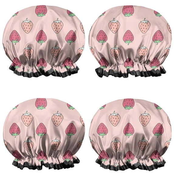 Shower Caps,Red Strawberry Plants Pink Pattern Waterproof Shower Cap for Women 4 Pieces,Double Reusable Hair Cover for Shower PEVA Elastic Stretch Hem