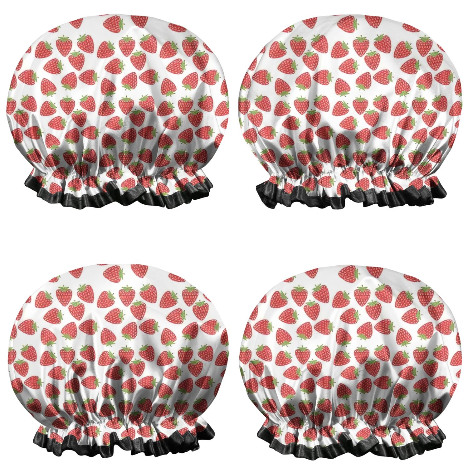 Shower Caps,Red Strawberry Plants White Pattern Waterproof Shower Cap for Women 4 Pieces,Double Reusable Hair Cover for Shower PEVA Elastic Stretch Hem