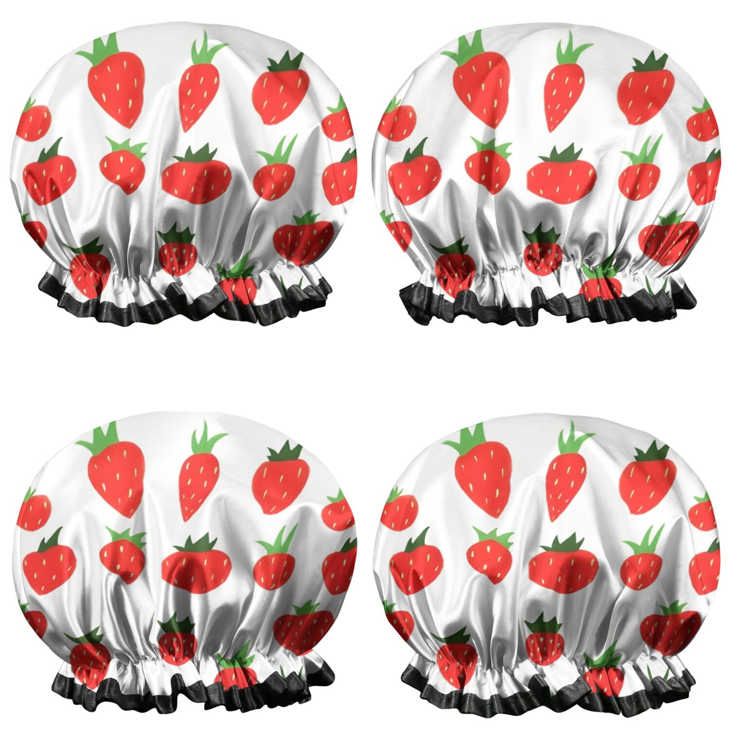 Shower Caps,Red Strawberry Plants White Pattern Waterproof Shower Cap for Women 4 Pieces,Double Reusable Hair Cover for Shower PEVA Elastic Stretch Hem