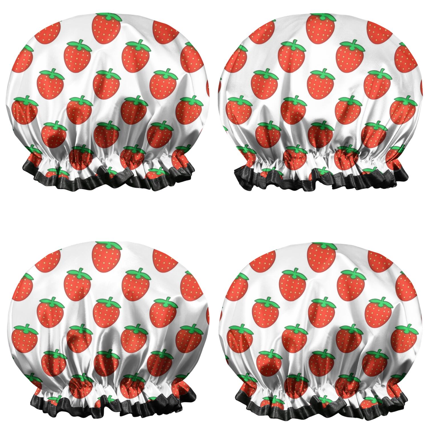 Shower Caps,Red Strawberry Plants White Pattern Waterproof Shower Cap for Women 4 Pieces,Double Reusable Hair Cover for Shower PEVA Elastic Stretch Hem