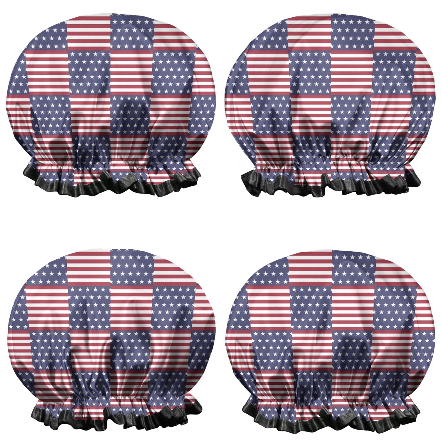 Shower Caps,Red White and Blue Star Striped Pattern Waterproof Shower Cap for Women 4 Pieces,Double Reusable Hair Cover for Shower PEVA Elastic Stretch Hem