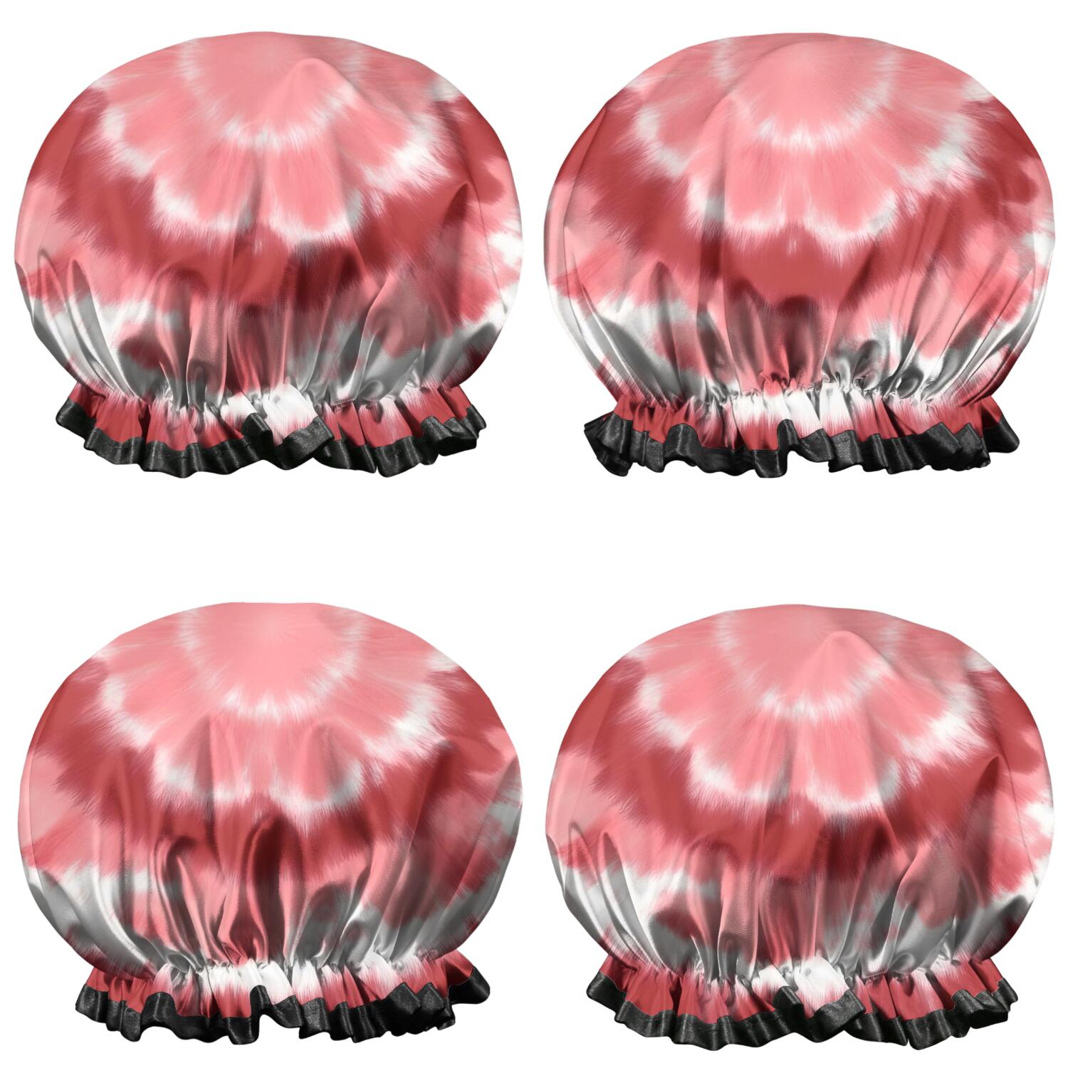 Shower Caps,Red White Tie Dye Mandala Pattern Waterproof Shower Cap for Women 4 Pieces,Double Reusable Hair Cover for Shower PEVA Elastic Stretch Hem