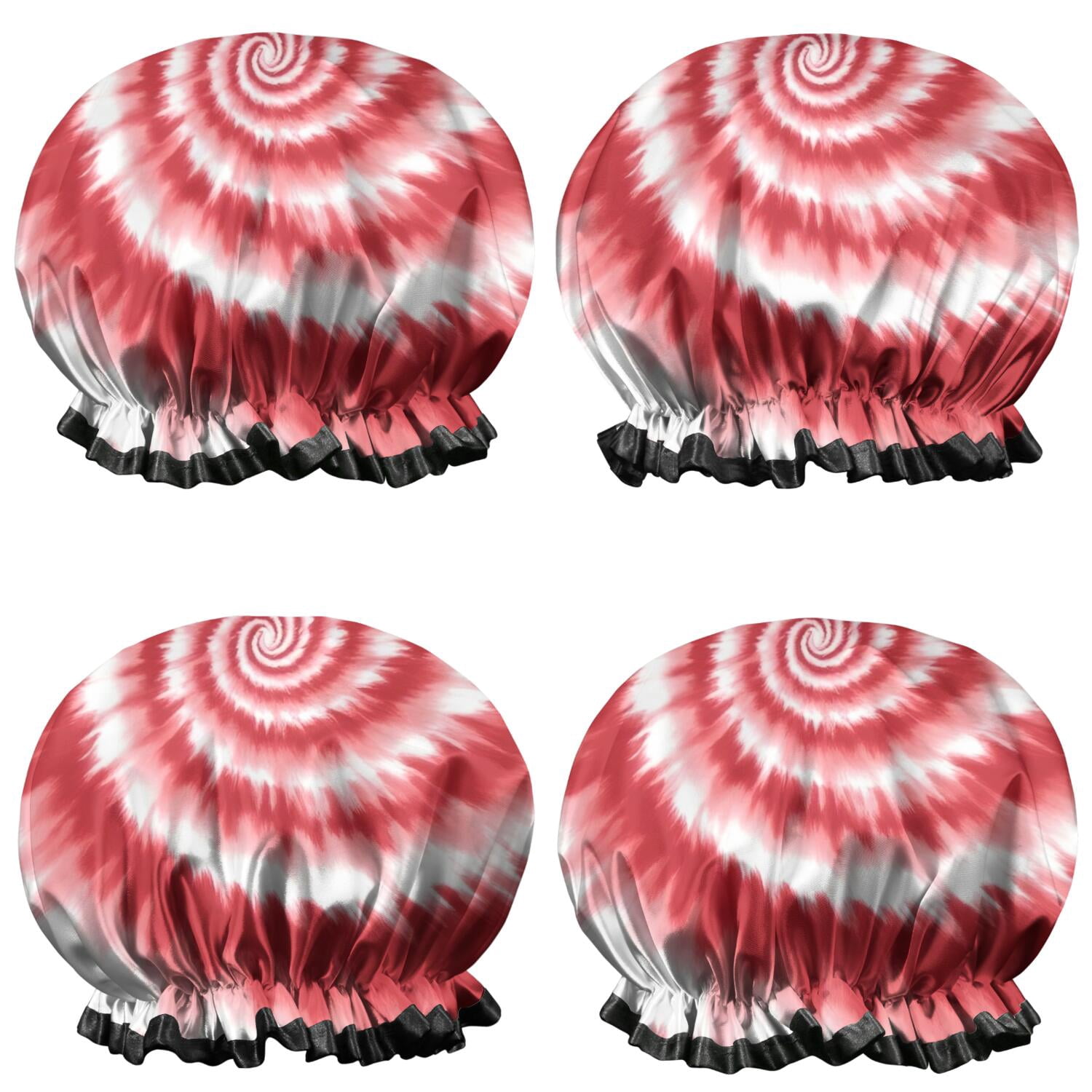 Shower Caps,Red White Tie Dye Spiral Pattern Waterproof Shower Cap for Women 4 Pieces,Double Reusable Hair Cover for Shower PEVA Elastic Stretch Hem