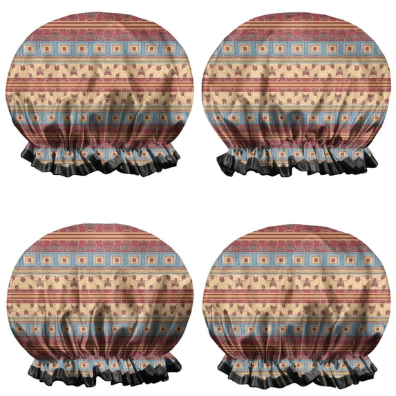 Shower Caps,Red and Yellow Geometric Striped Pattern Waterproof Shower Cap for Women 4 Pieces,Double Reusable Hair Cover for Shower PEVA Elastic Stretch Hem