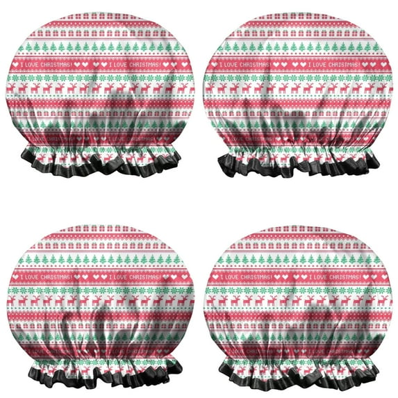 Shower Caps,Red and Green Christmas Pattern Waterproof Shower Cap for Women 4 Pieces,Double Reusable Hair Cover for Shower PEVA Elastic Stretch Hem