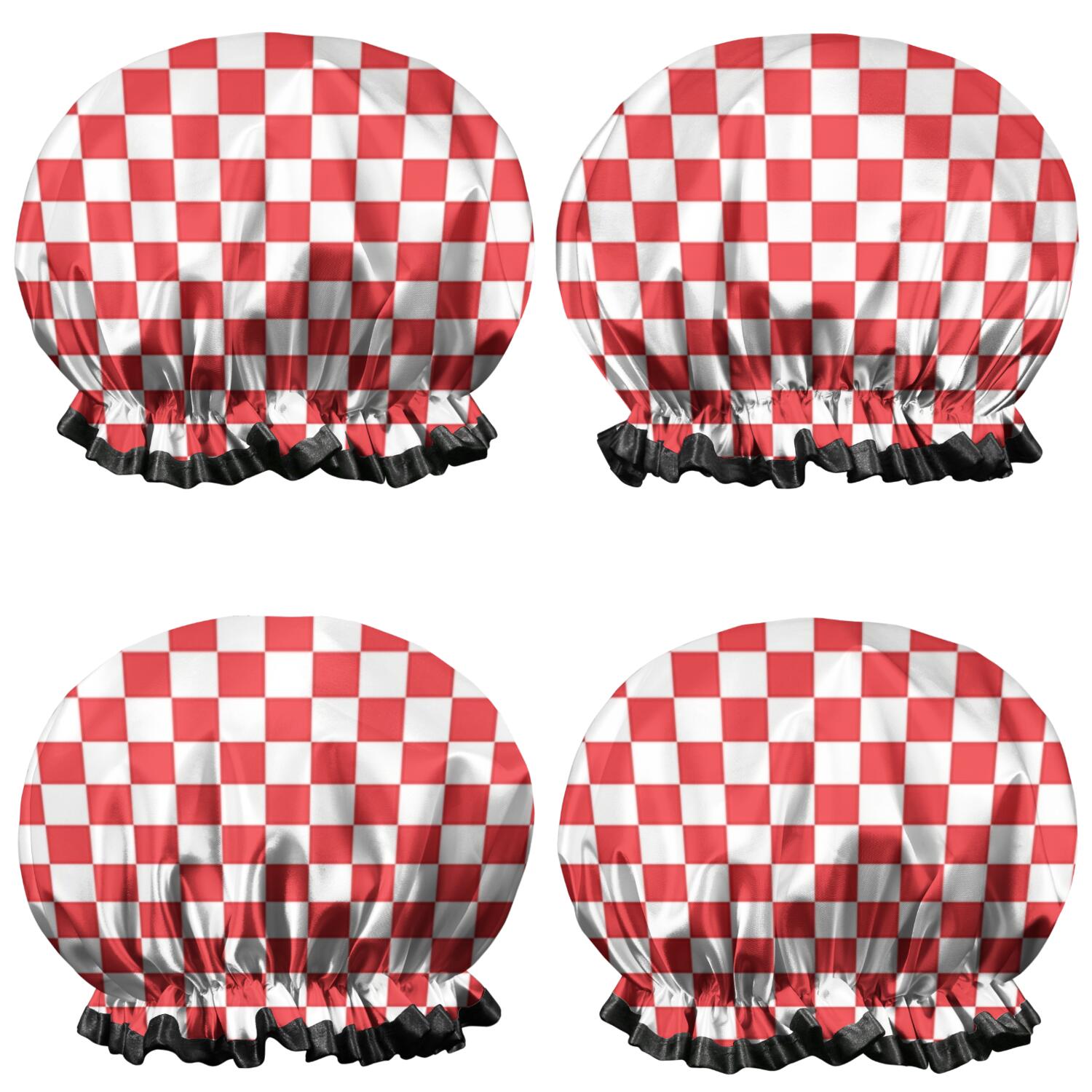 Shower Caps,Red and White Checkered Pattern Waterproof Shower Cap for Women 4 Pieces,Double Reusable Hair Cover for Shower PEVA Elastic Stretch Hem