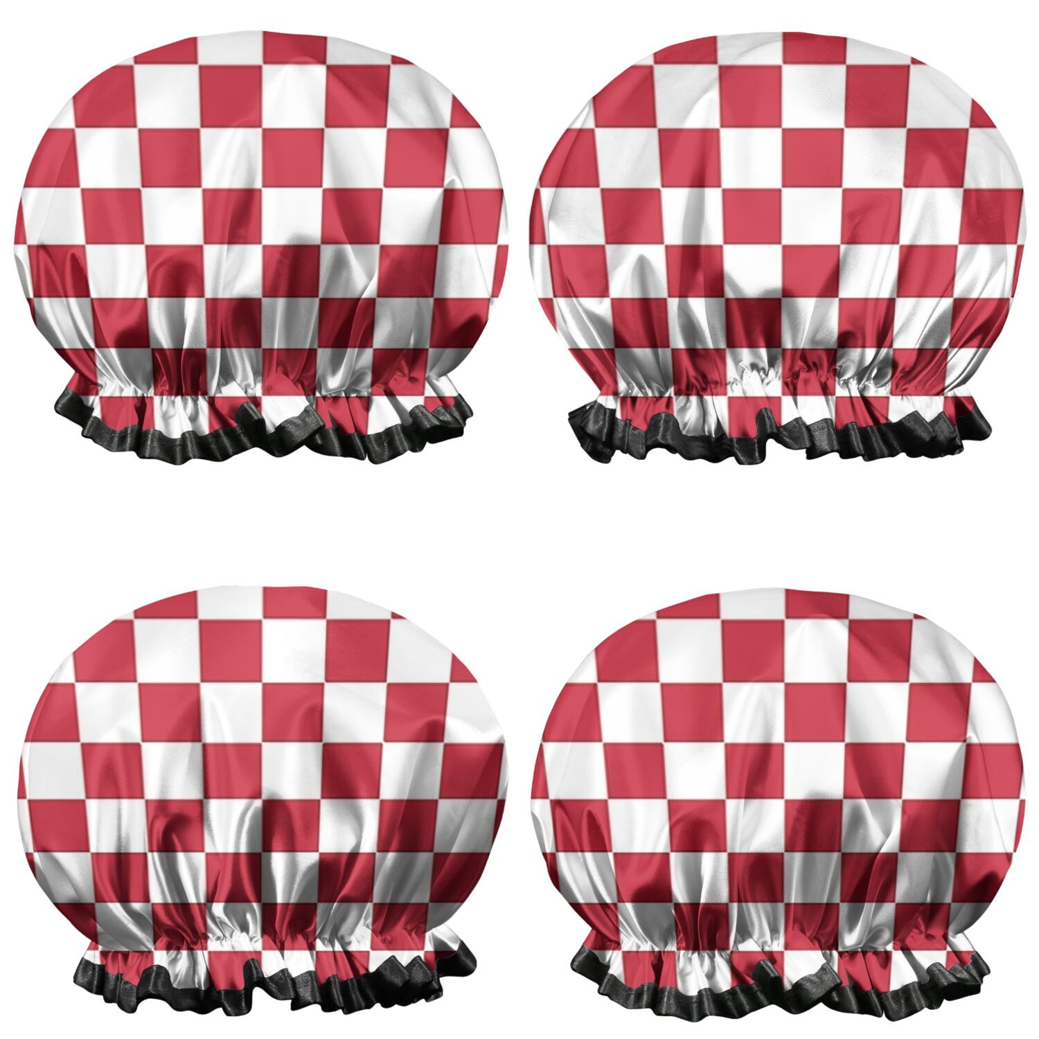 Shower Caps,Red and White Checkered Pattern Waterproof Shower Cap for Women 4 Pieces,Double Reusable Hair Cover for Shower PEVA Elastic Stretch Hem