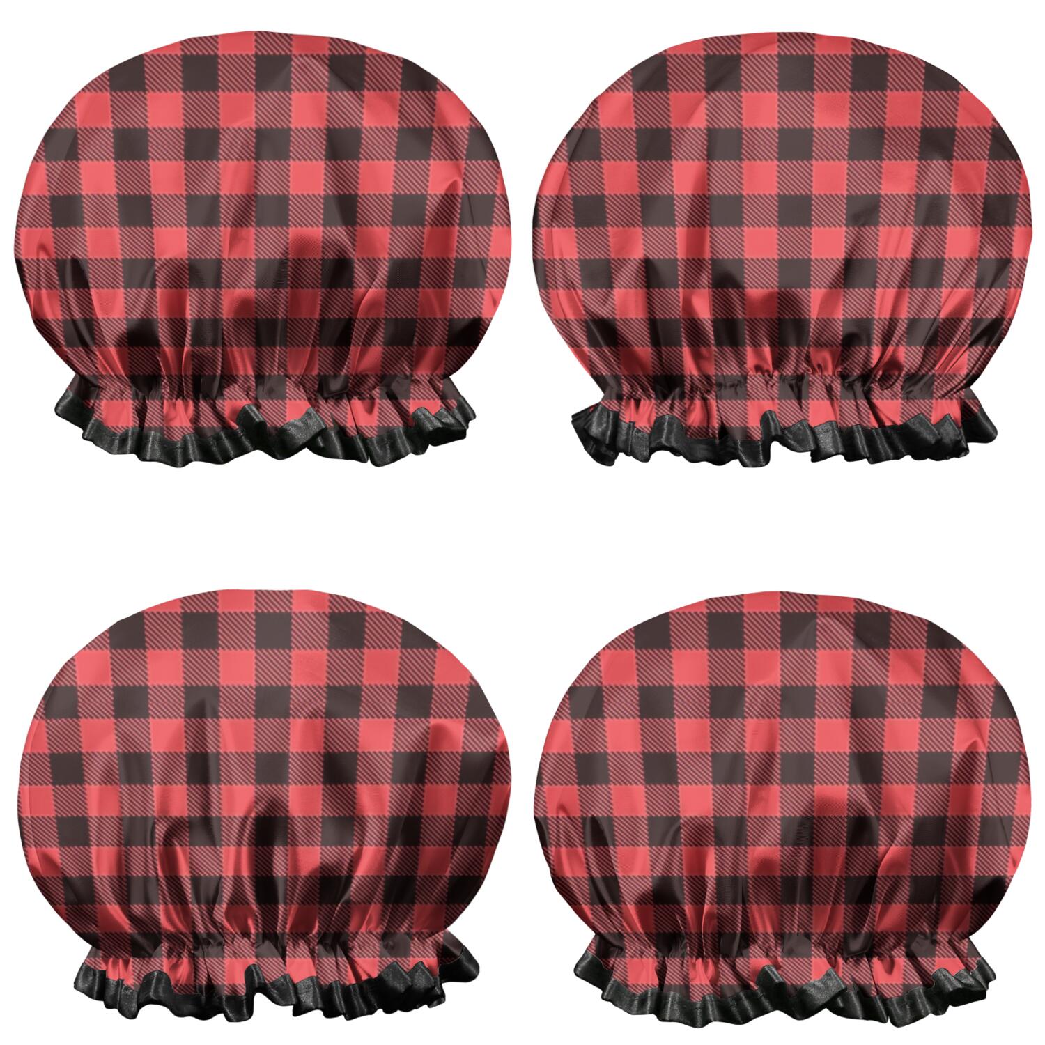 Shower Caps,Red and White Checkered Pattern Waterproof Shower Cap for Women 4 Pieces,Double Reusable Hair Cover for Shower PEVA Elastic Stretch Hem