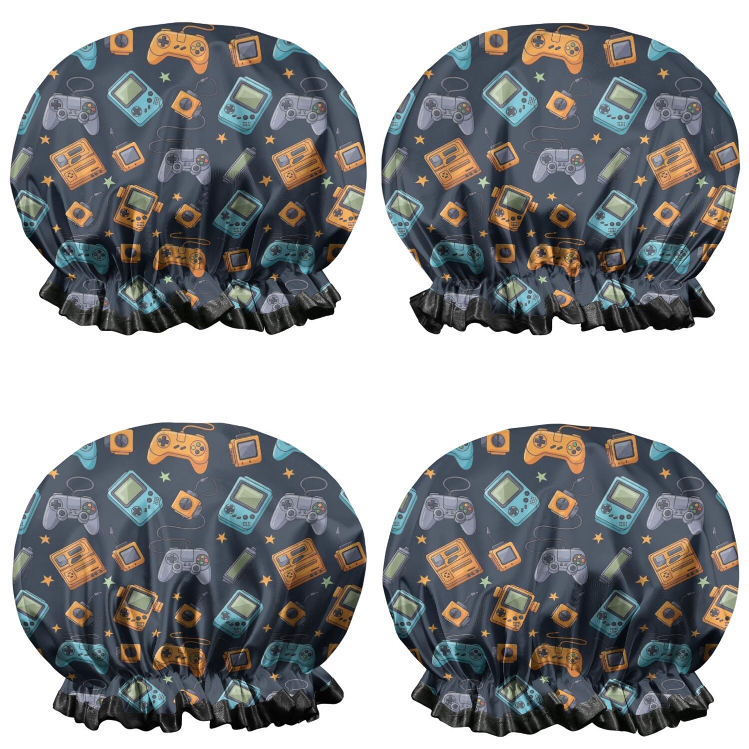 Shower Caps,Retro Consoles Games Icons Blue Pattern Waterproof Shower Cap for Women 4 Pieces,Double Reusable Hair Cover for Shower PEVA Elastic Stretch Hem
