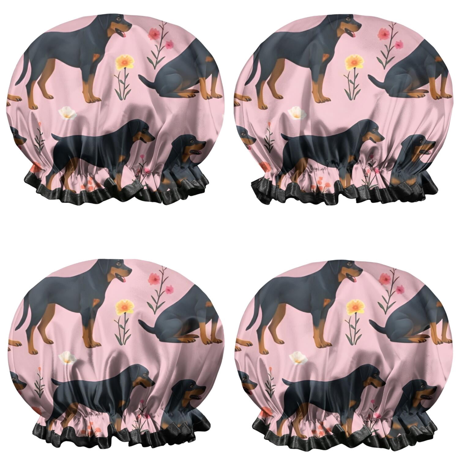 Shower Caps,Rottweiler Dogs with Pioneer Flower Waterproof Shower Cap for Women 4 Pieces,Double Reusable Hair Cover for Shower PEVA Elastic Stretch Hem