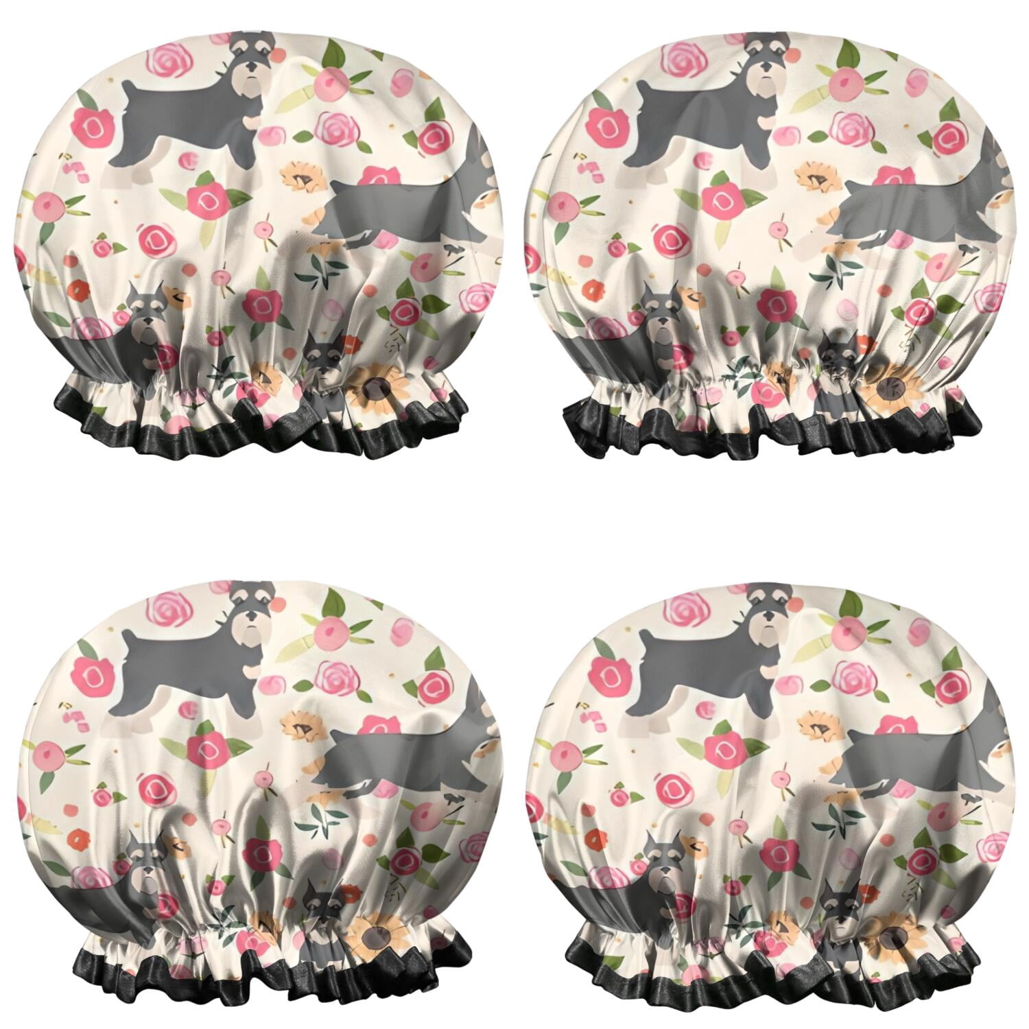 Shower Caps,Schnauzer Dog and Pioneer Flower Waterproof Shower Cap for Women 4 Pieces,Double Reusable Hair Cover for Shower PEVA Elastic Stretch Hem