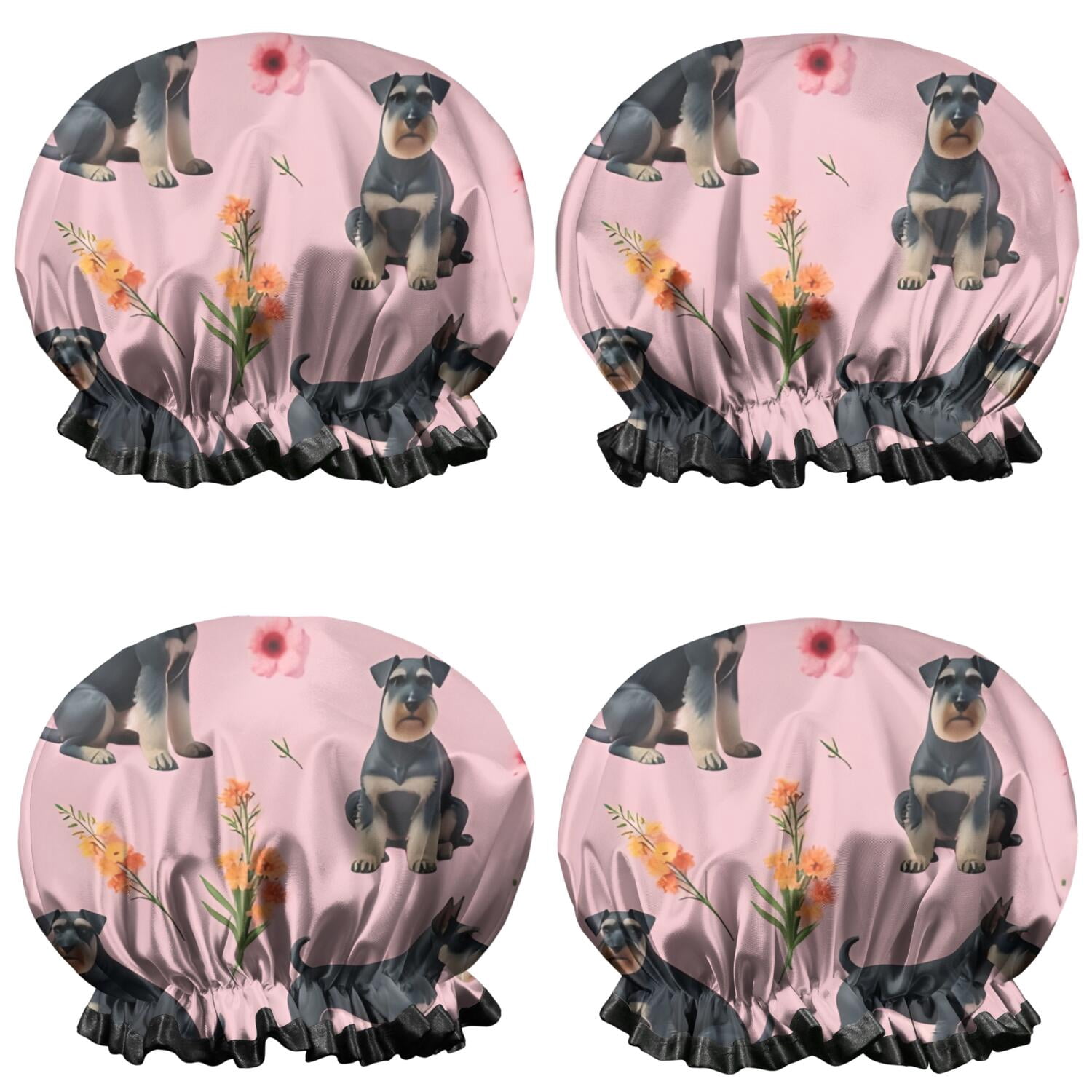 Shower Caps,Schnauzer Dogs and Pioneer Flower Waterproof Shower Cap for Women 4 Pieces,Double Reusable Hair Cover for Shower PEVA Elastic Stretch Hem