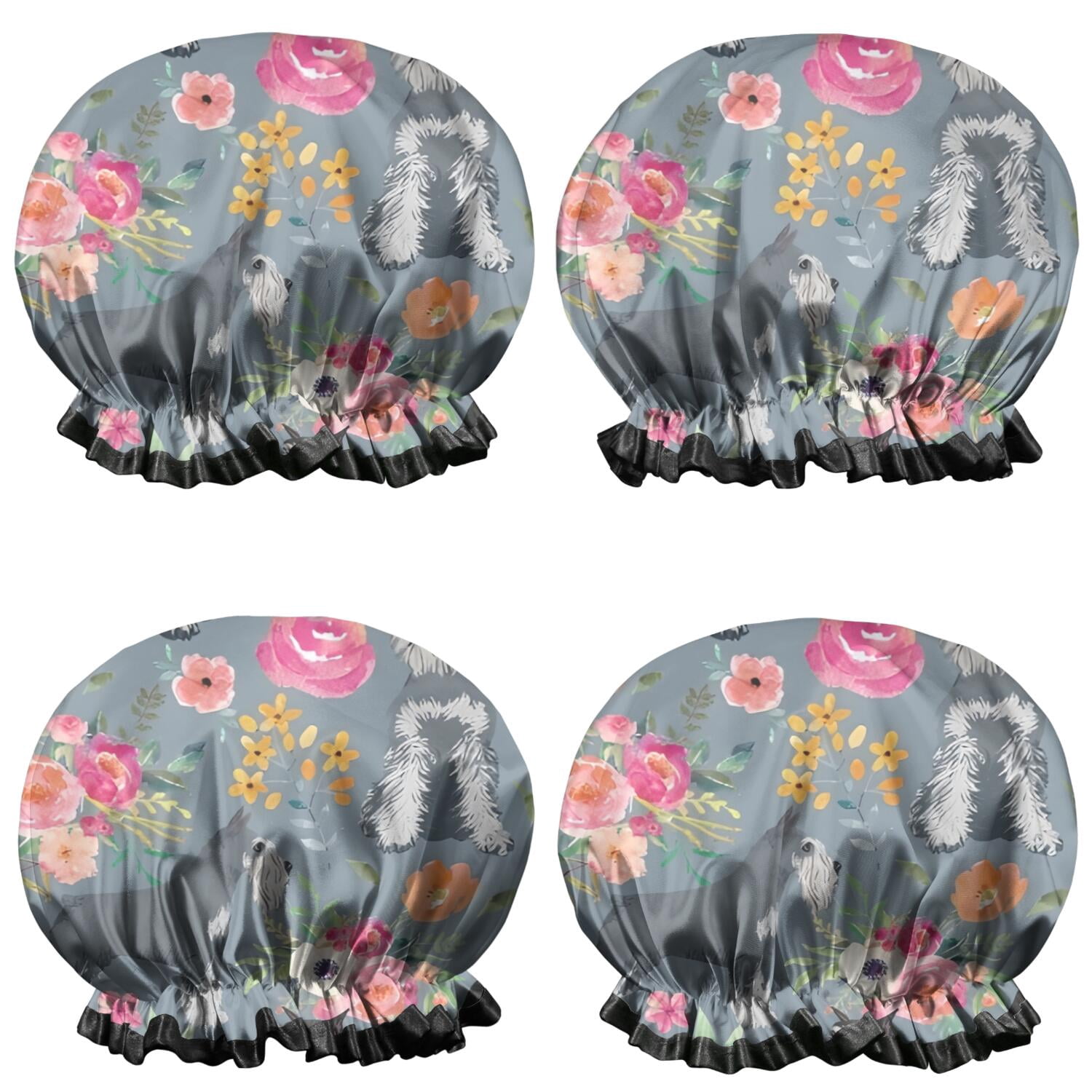 Shower Caps,Schnauzer and Pioneer Flower Waterproof Shower Cap for Women 4 Pieces,Double Reusable Hair Cover for Shower PEVA Elastic Stretch Hem