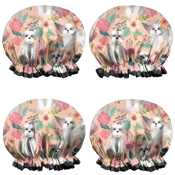 Shower Caps,Shih Tzu Dog and Pioneer Flower Waterproof Shower Cap for Women 4 Pieces,Double Reusable Hair Cover for Shower PEVA Elastic Stretch Hem