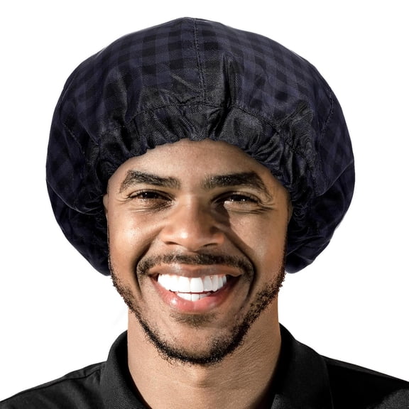 Shower Caps, Shower Cap for Men Black Bath Cap, Waterproof Bath Caps, Reversible Large Waterproof Adjustable Shower Caps, Terry Lining & Elastic Band Bath Hair Hat (Black)