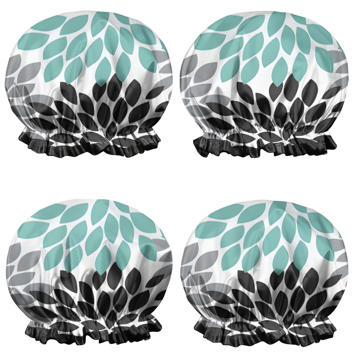 Shower Caps,Simple Petal Shaped Geometric Floral Pattern Waterproof Shower Cap for Women 4 Pieces,Double Reusable Hair Cover for Shower PEVA Elastic Stretch Hem