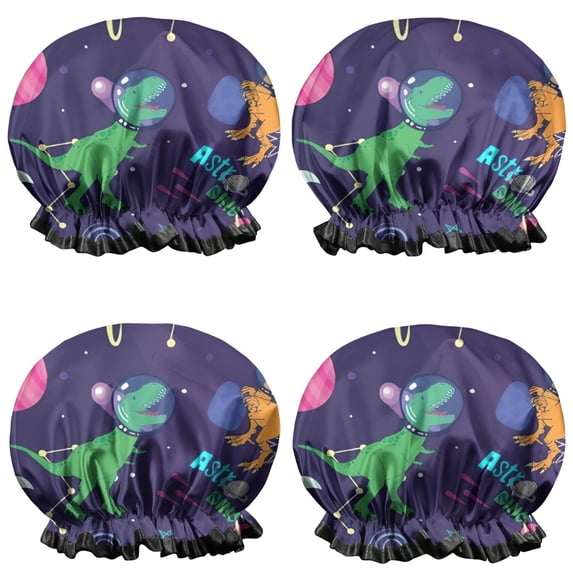 Shower Caps,Space Dinosaurs Astr Dino Pattern Waterproof Shower Cap for Women 4 Pieces,Double Reusable Hair Cover for Shower PEVA Elastic Stretch Hem