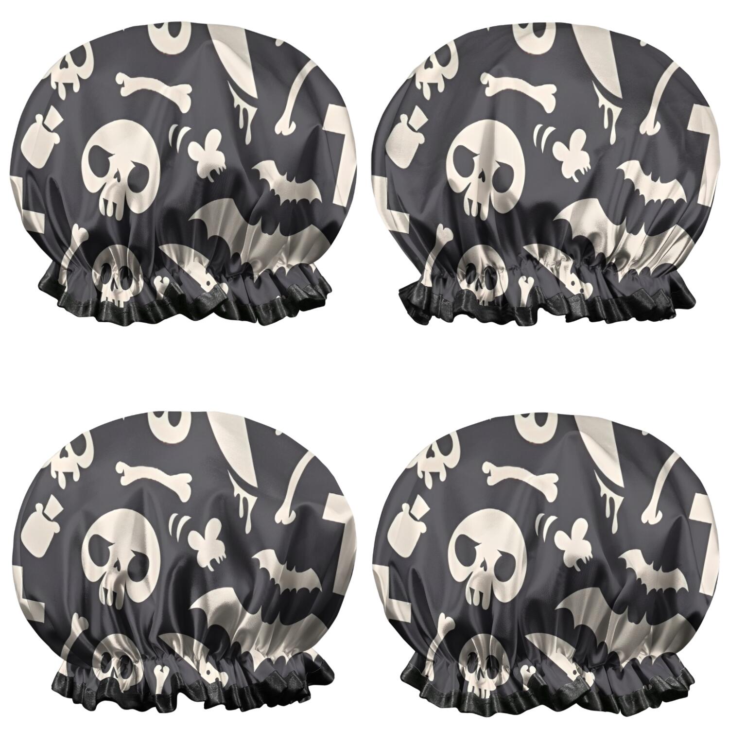 Shower Caps,Spooky Halloween Icons Pattern Waterproof Shower Cap for Women 4 Pieces,Double Reusable Hair Cover for Shower PEVA Elastic Stretch Hem