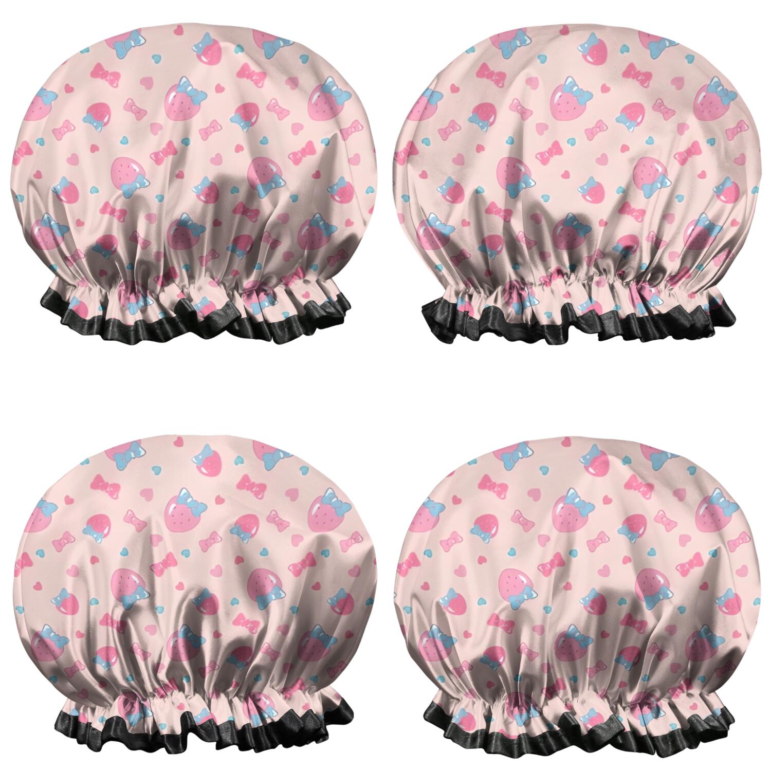 Shower Caps,Strawberry Plants Fruit Bow Pink Pattern Waterproof Shower Cap for Women 4 Pieces,Double Reusable Hair Cover for Shower PEVA Elastic Stretch Hem