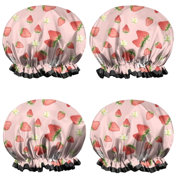 Shower Caps,Strawberry Plants Fruit Cat Flower Pink Pattern Waterproof Shower Cap for Women 4 Pieces,Double Reusable Hair Cover for Shower PEVA Elastic Stretch Hem