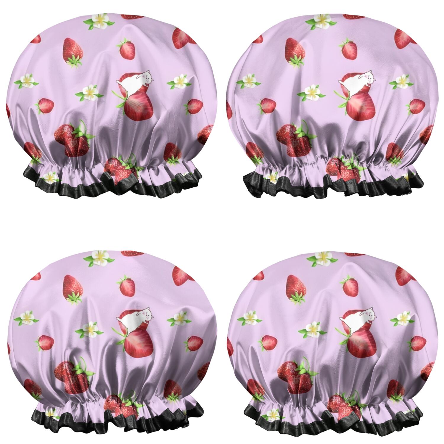 Shower Caps,Strawberry Plants Fruit Cat Flower Waterproof Shower Cap for Women 4 Pieces,Double Reusable Hair Cover for Shower PEVA Elastic Stretch Hem
