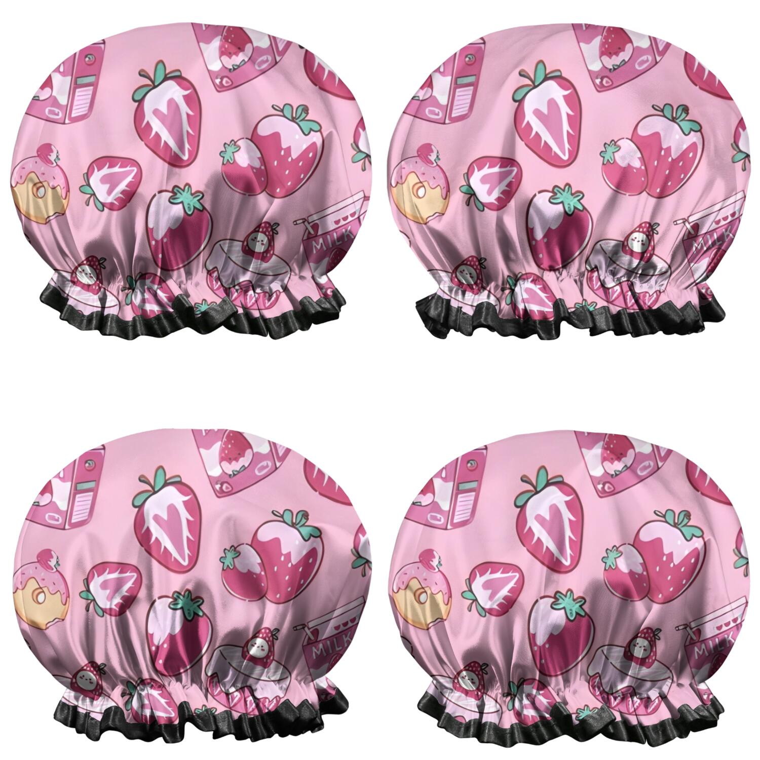 Shower Caps,Strawberry Plants Fruit Dessert Milk Pink Pattern Waterproof Shower Cap for Women 4 Pieces,Double Reusable Hair Cover for Shower PEVA Elastic Stretch Hem