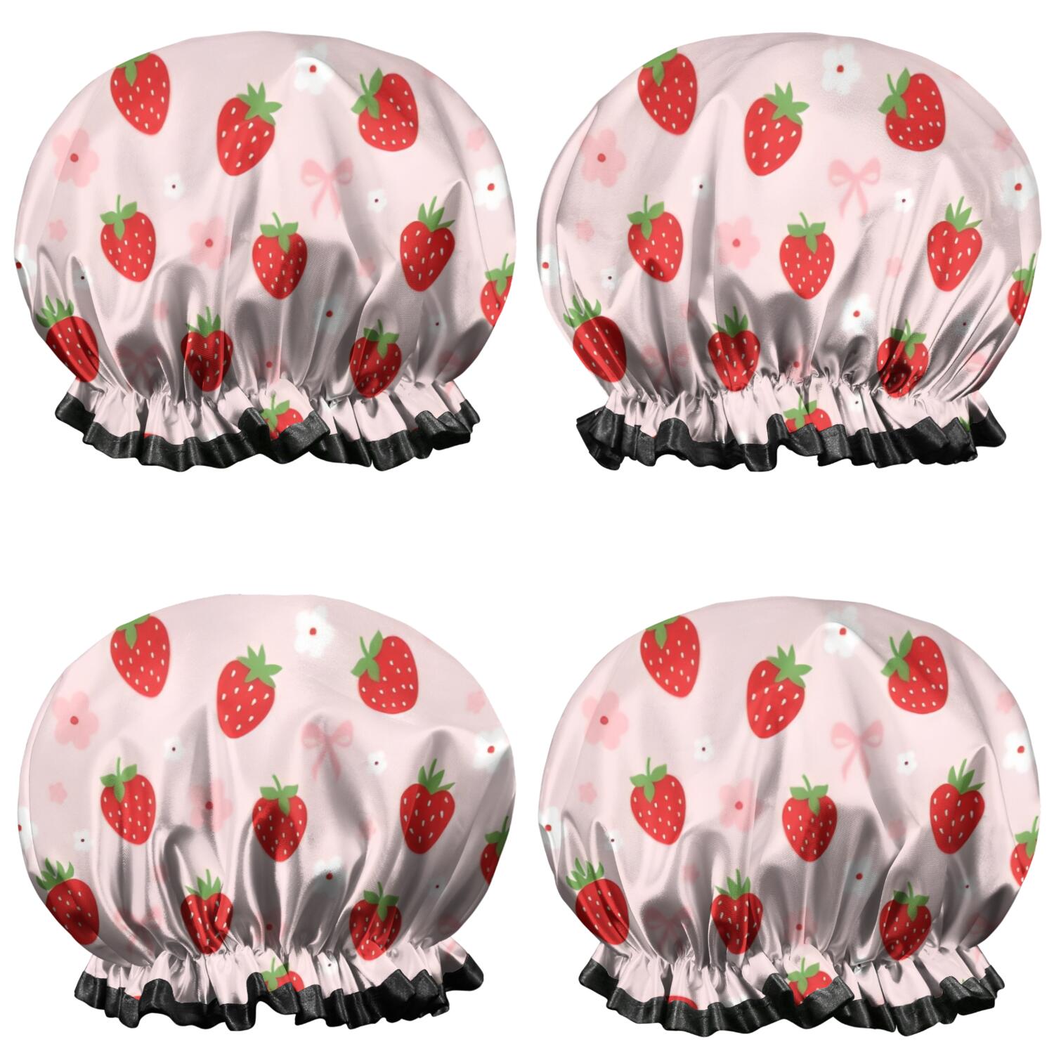 Shower Caps,Strawberry Plants Fruit Flower Bow Waterproof Shower Cap for Women 4 Pieces,Double Reusable Hair Cover for Shower PEVA Elastic Stretch Hem