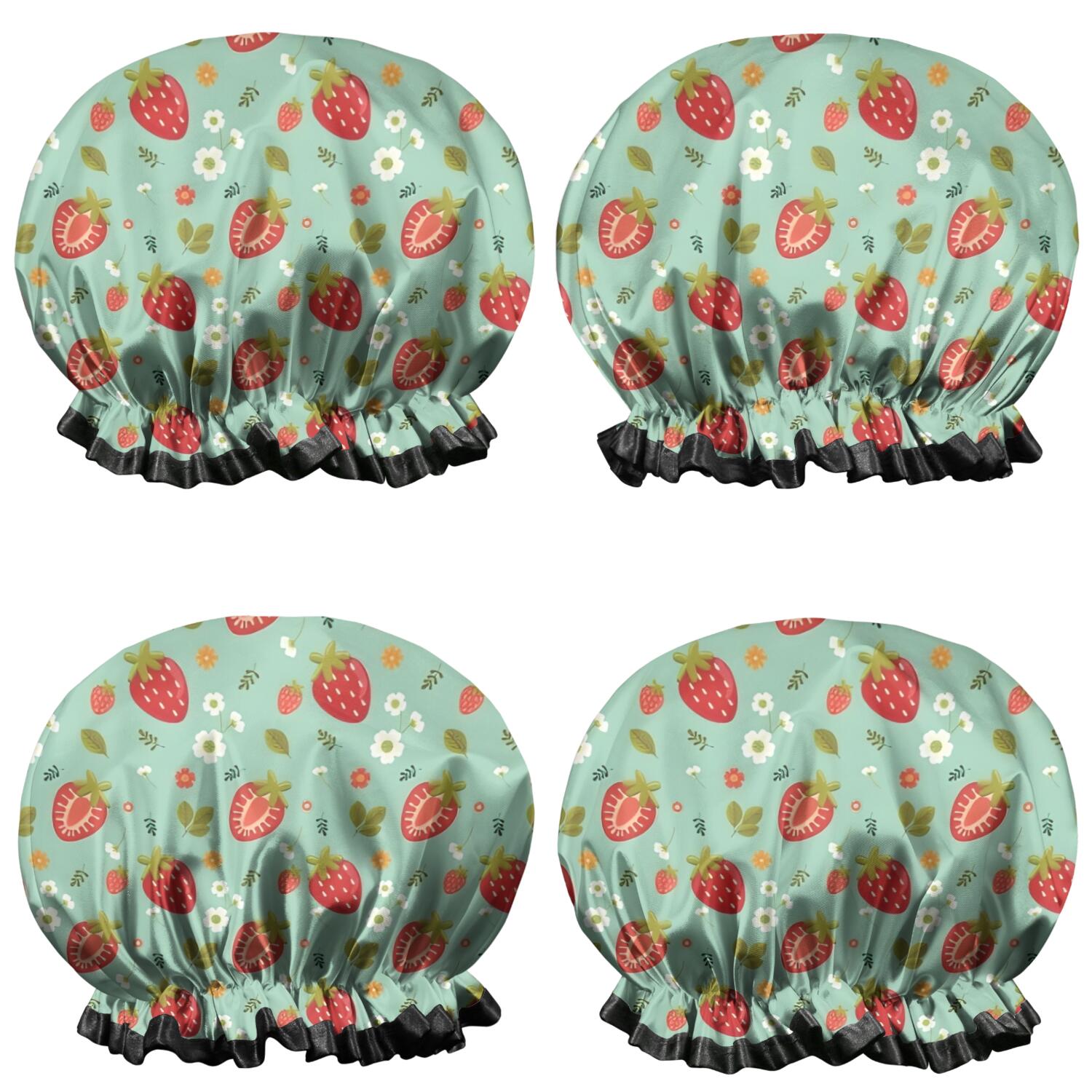 Shower Caps,Strawberry Plants Fruit Flower Leaf Green Pattern Waterproof Shower Cap for Women 4 Pieces,Double Reusable Hair Cover for Shower PEVA Elastic Stretch Hem