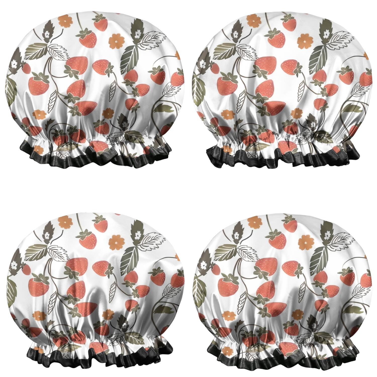 Shower Caps,Strawberry Plants Fruit Flower Leaf Waterproof Shower Cap for Women 4 Pieces,Double Reusable Hair Cover for Shower PEVA Elastic Stretch Hem
