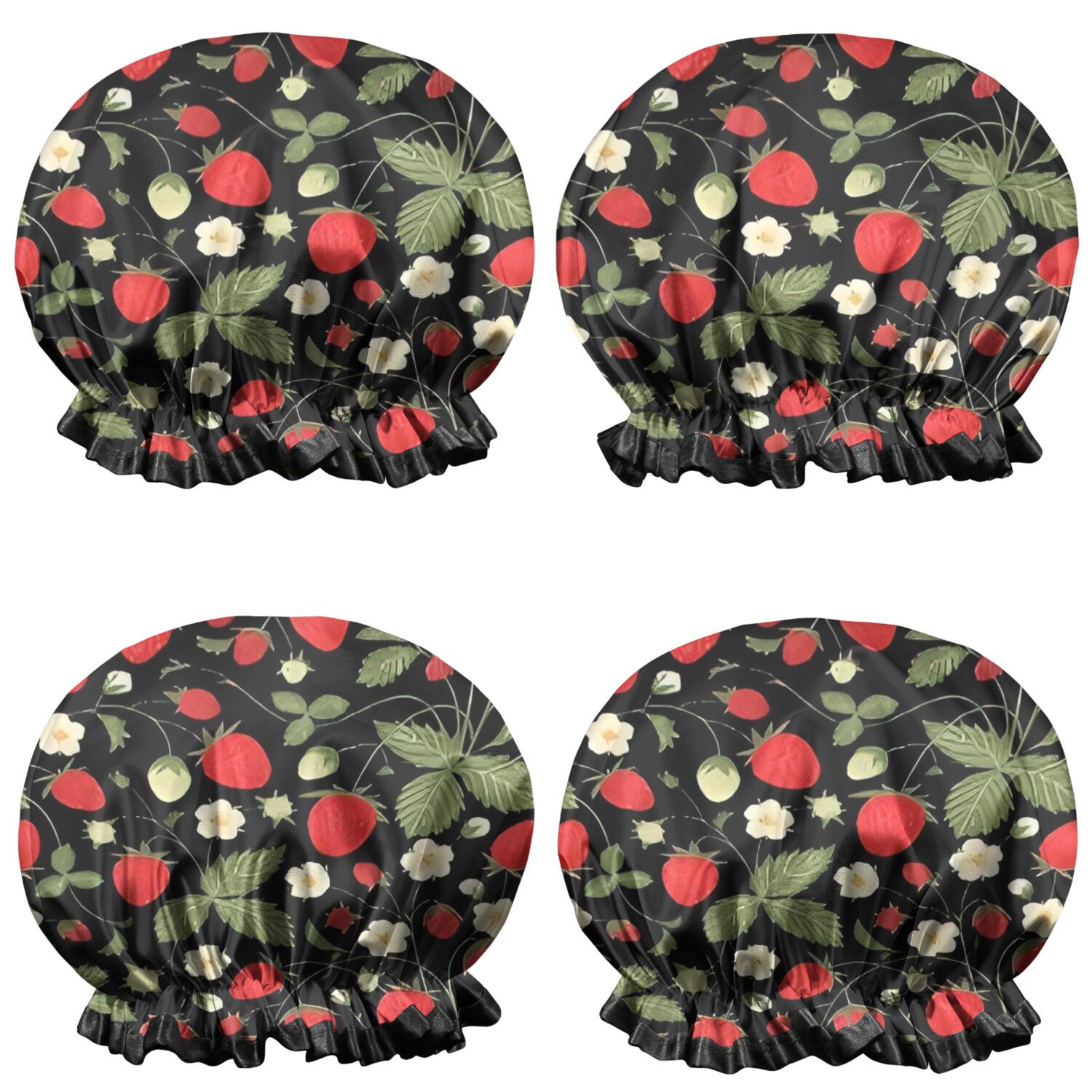 Shower Caps,Strawberry Plants Fruit Flower Leaf Waterproof Shower Cap for Women 4 Pieces,Double Reusable Hair Cover for Shower PEVA Elastic Stretch Hem
