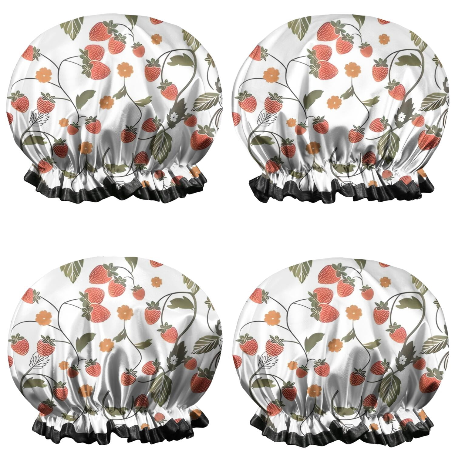 Shower Caps,Strawberry Plants Fruit Flower Leaf Waterproof Shower Cap for Women 4 Pieces,Double Reusable Hair Cover for Shower PEVA Elastic Stretch Hem