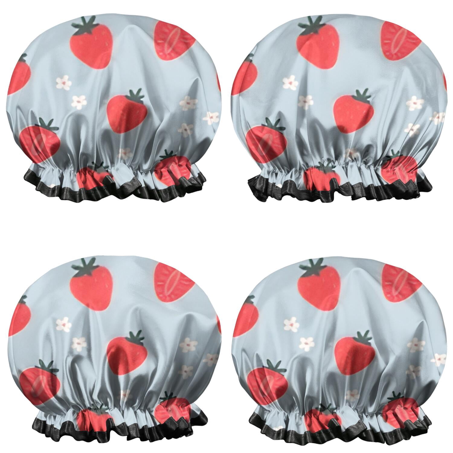 Shower Caps,Strawberry Plants Fruit Flower Waterproof Shower Cap for Women 4 Pieces,Double Reusable Hair Cover for Shower PEVA Elastic Stretch Hem