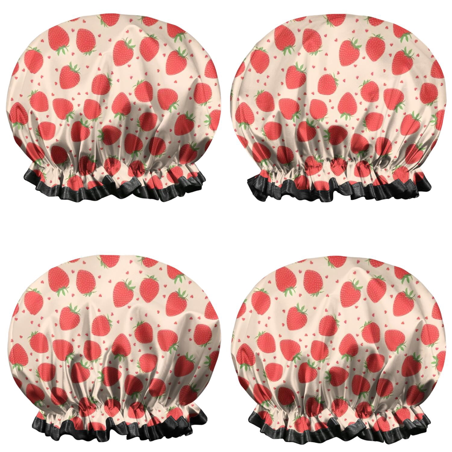 Shower Caps,Strawberry Plants Fruit Heart Waterproof Shower Cap for Women 4 Pieces,Double Reusable Hair Cover for Shower PEVA Elastic Stretch Hem