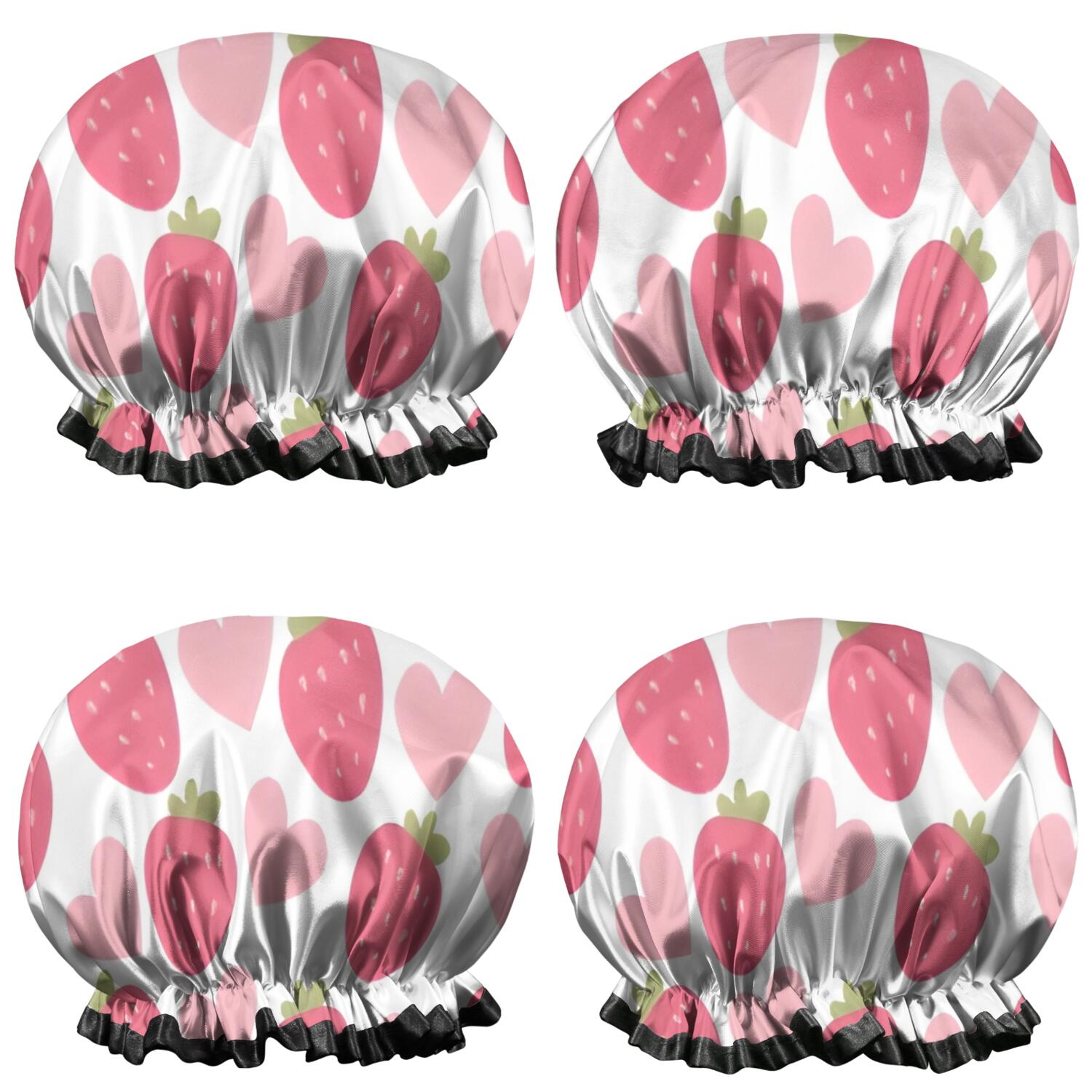 Shower Caps,Strawberry Plants Fruit Heart White Pattern Waterproof Shower Cap for Women 4 Pieces,Double Reusable Hair Cover for Shower PEVA Elastic Stretch Hem
