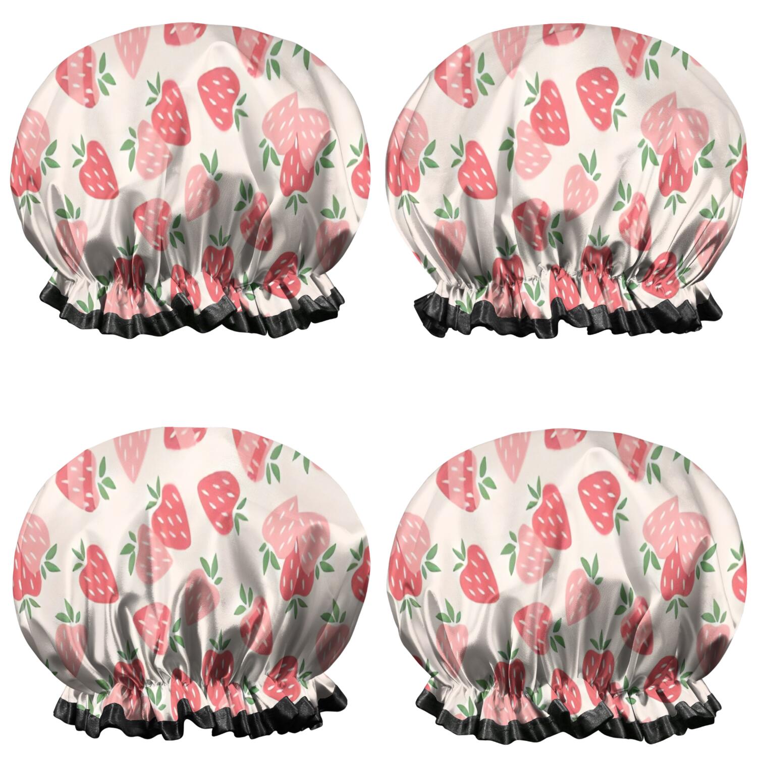 Shower Caps,Strawberry Plants Fruit Light Pink Pattern Waterproof Shower Cap for Women 4 Pieces,Double Reusable Hair Cover for Shower PEVA Elastic Stretch Hem