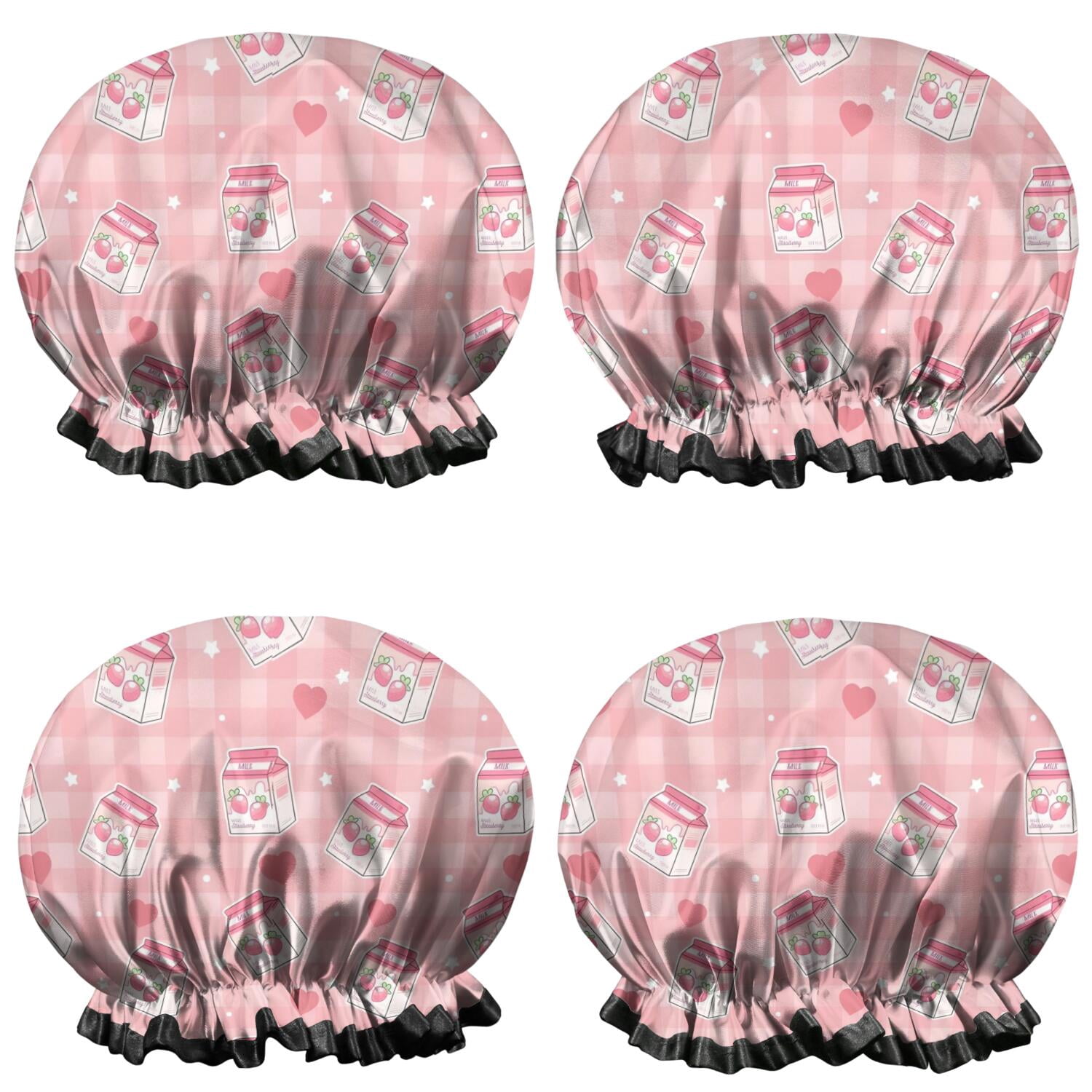 Shower Caps,Strawberry Plants Fruit Milk Box Checkered Waterproof Shower Cap for Women 4 Pieces,Double Reusable Hair Cover for Shower PEVA Elastic Stretch Hem