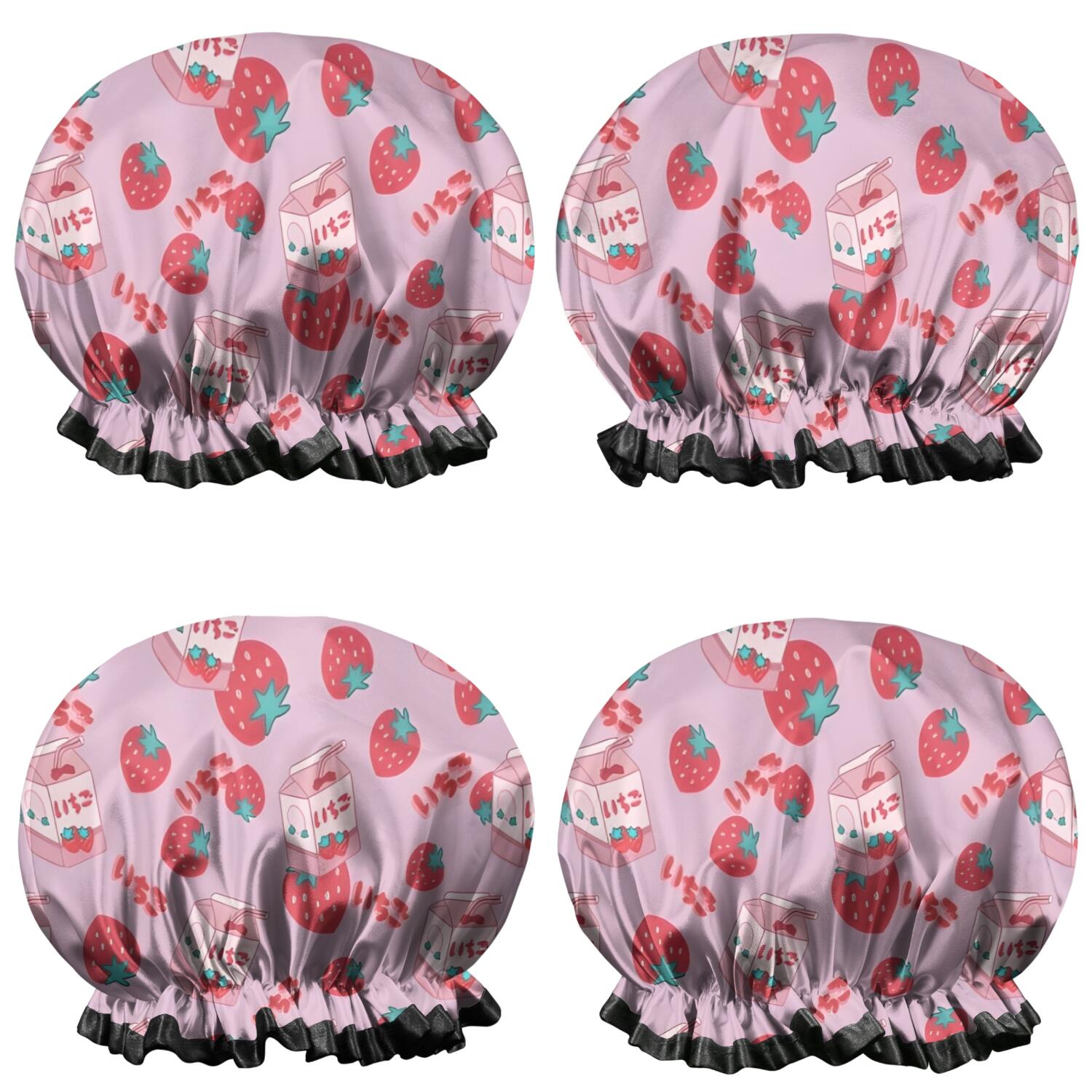 Shower Caps,Strawberry Plants Fruit Milk Box Waterproof Shower Cap for Women 4 Pieces,Double Reusable Hair Cover for Shower PEVA Elastic Stretch Hem
