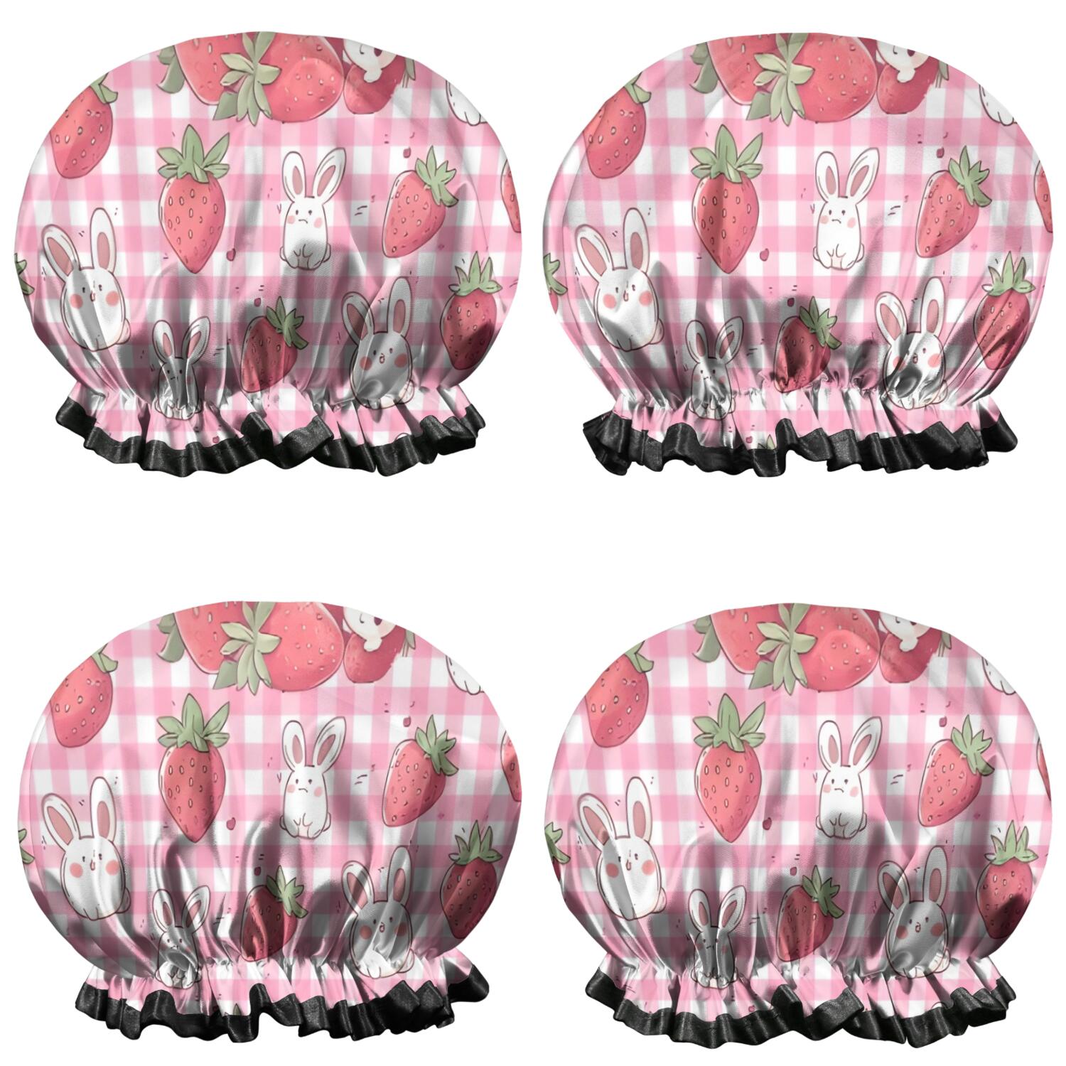 Shower Caps,Strawberry Plants Fruit Rabbit Checkered Waterproof Shower Cap for Women 4 Pieces,Double Reusable Hair Cover for Shower PEVA Elastic Stretch Hem