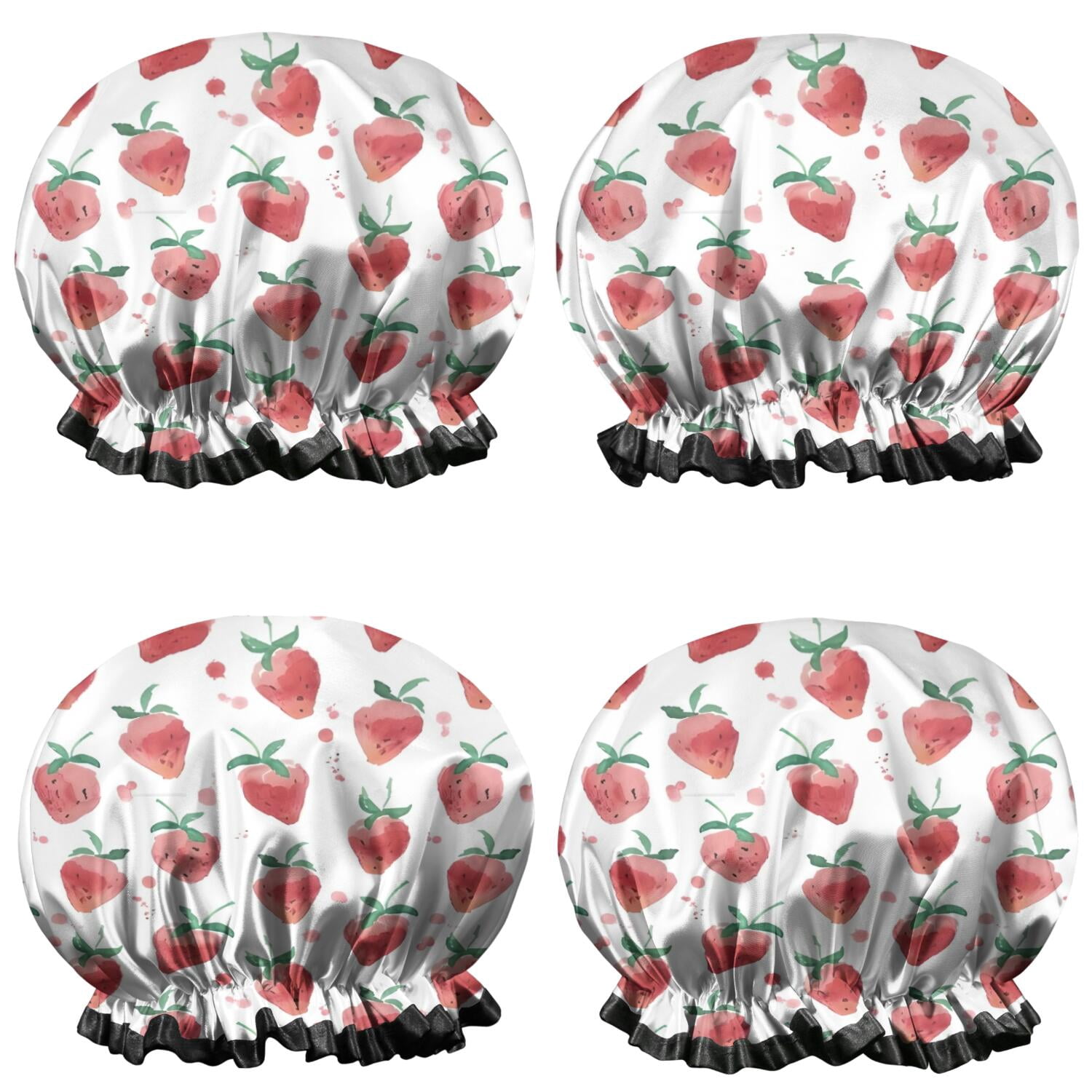 Shower Caps,Strawberry Plants Fruit Watercolor Waterproof Shower Cap for Women 4 Pieces,Double Reusable Hair Cover for Shower PEVA Elastic Stretch Hem