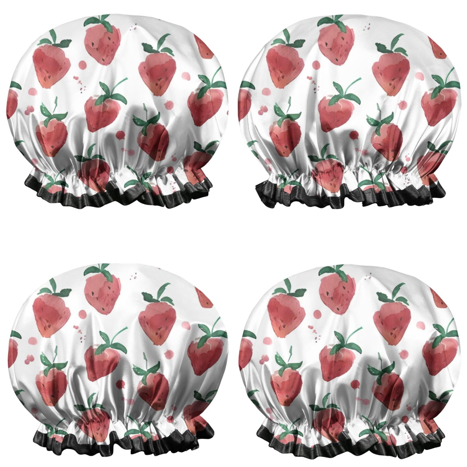 Shower Caps,Strawberry Plants Fruit Watercolor Waterproof Shower Cap for Women 4 Pieces,Double Reusable Hair Cover for Shower PEVA Elastic Stretch Hem